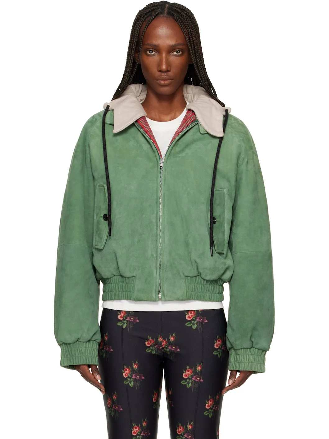 Green Detachable Hood Suede Bomber Jacket - 1