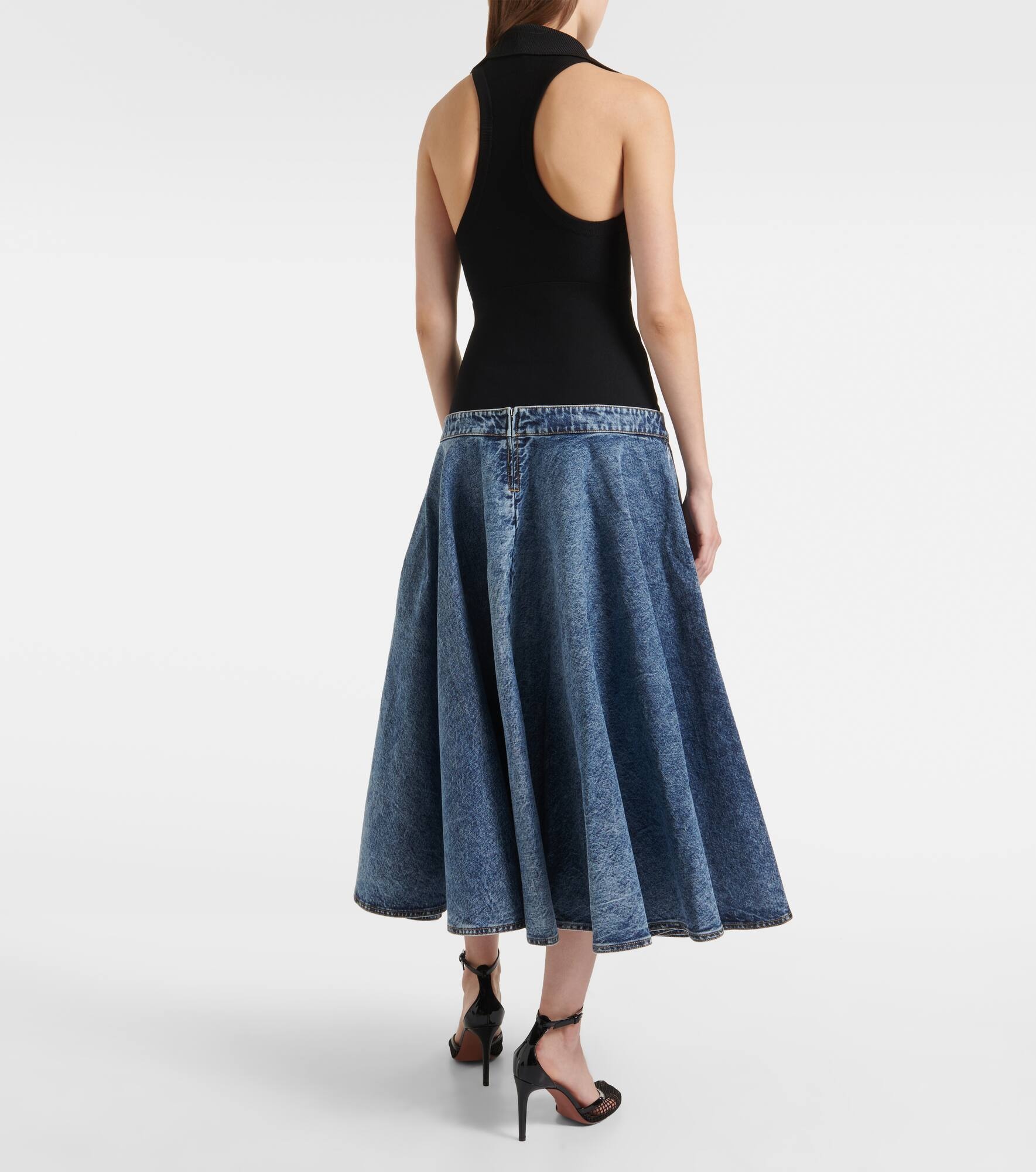 Denim and cotton jersey midi skirt - 3