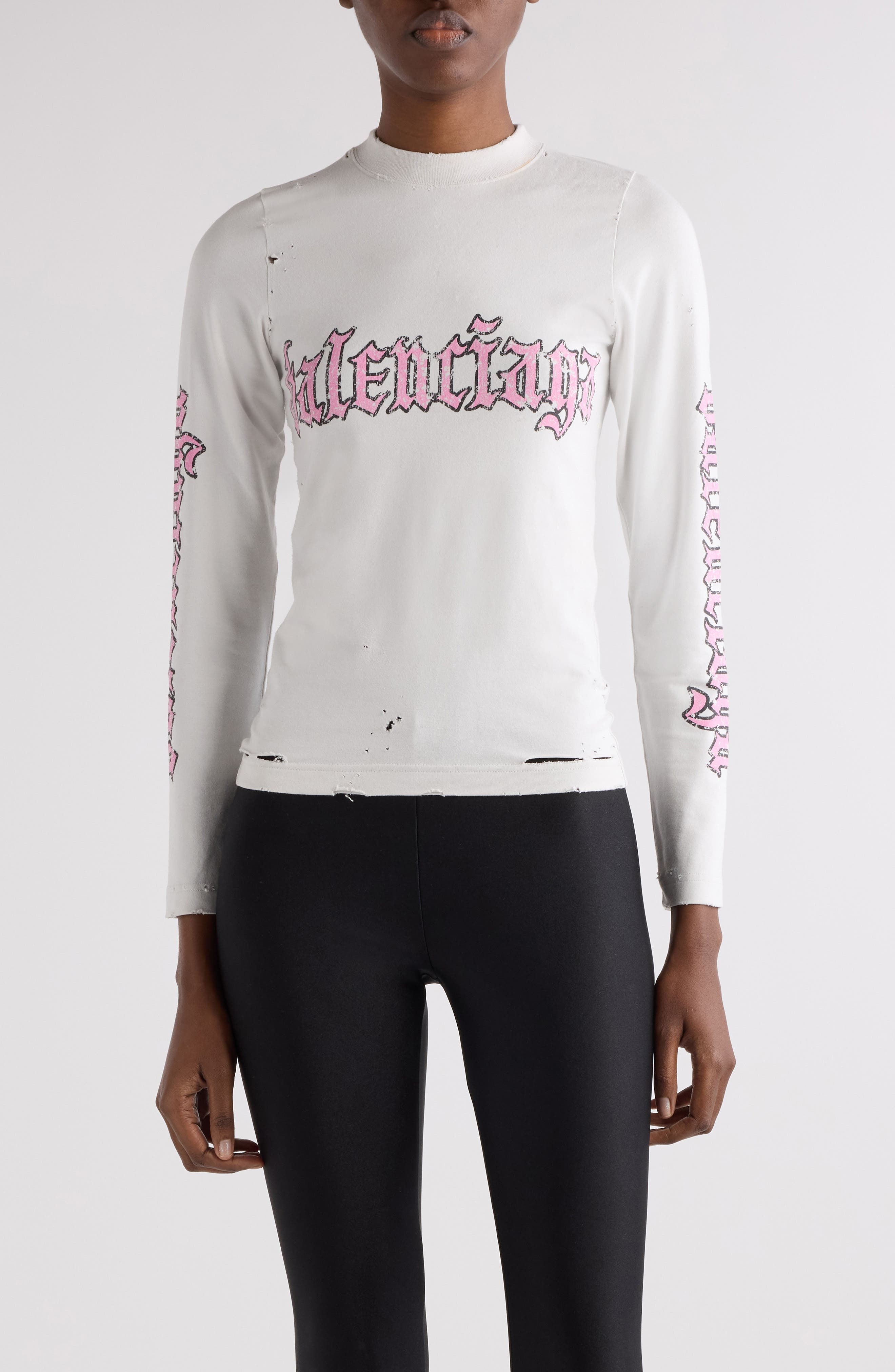 Balenciaga Blackletter Script Distressed Fitted Graphic T-Shirt in 9012 Dirty White at Nordstrom - 1