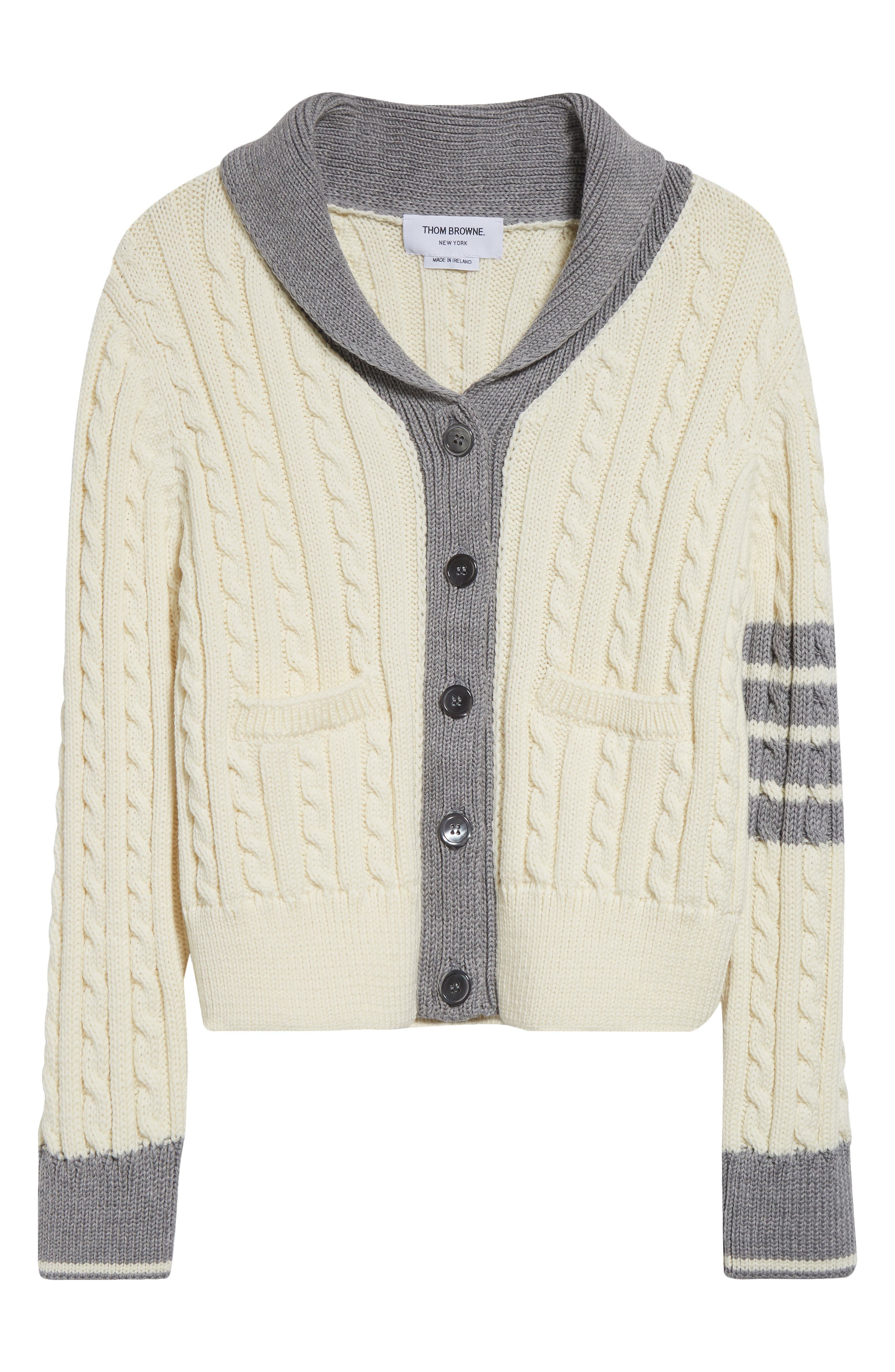 Thom Browne 4-Bar Cable Knit Virgin Wool Shawl Cardigan in White at Nordstrom - 6