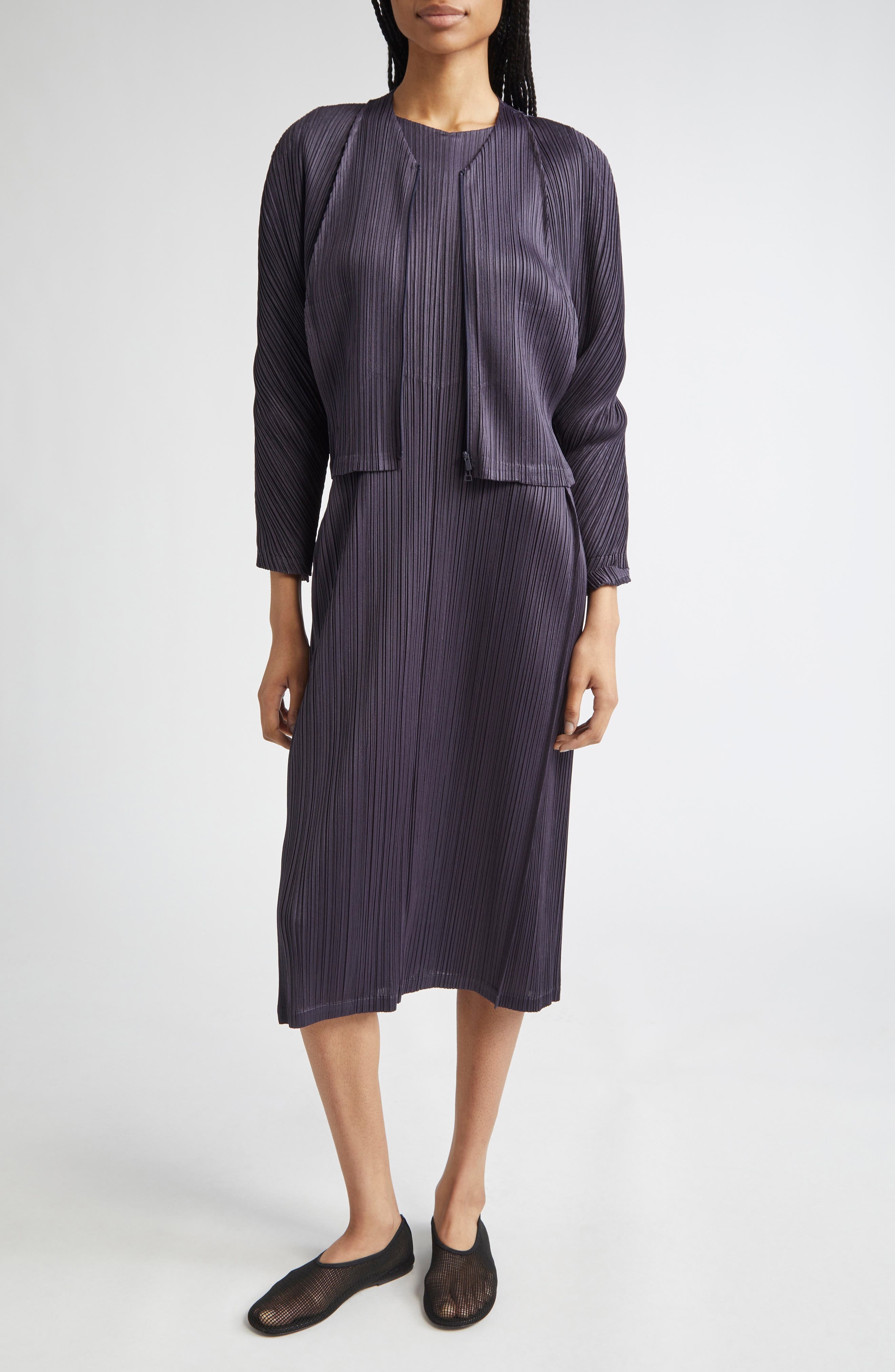Pleats Please Issey Miyake Lantern Pleated Cardigan in Blue Black at Nordstrom - 2