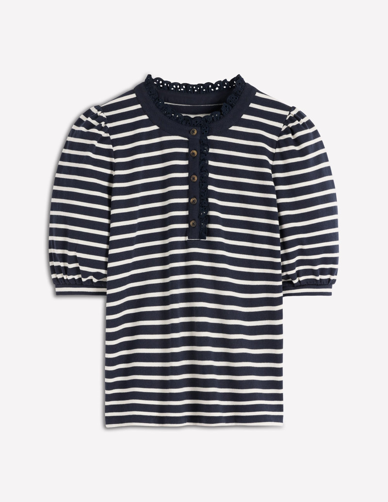 Puff Sleeve Henley-Navy, Ivory Stripe 1