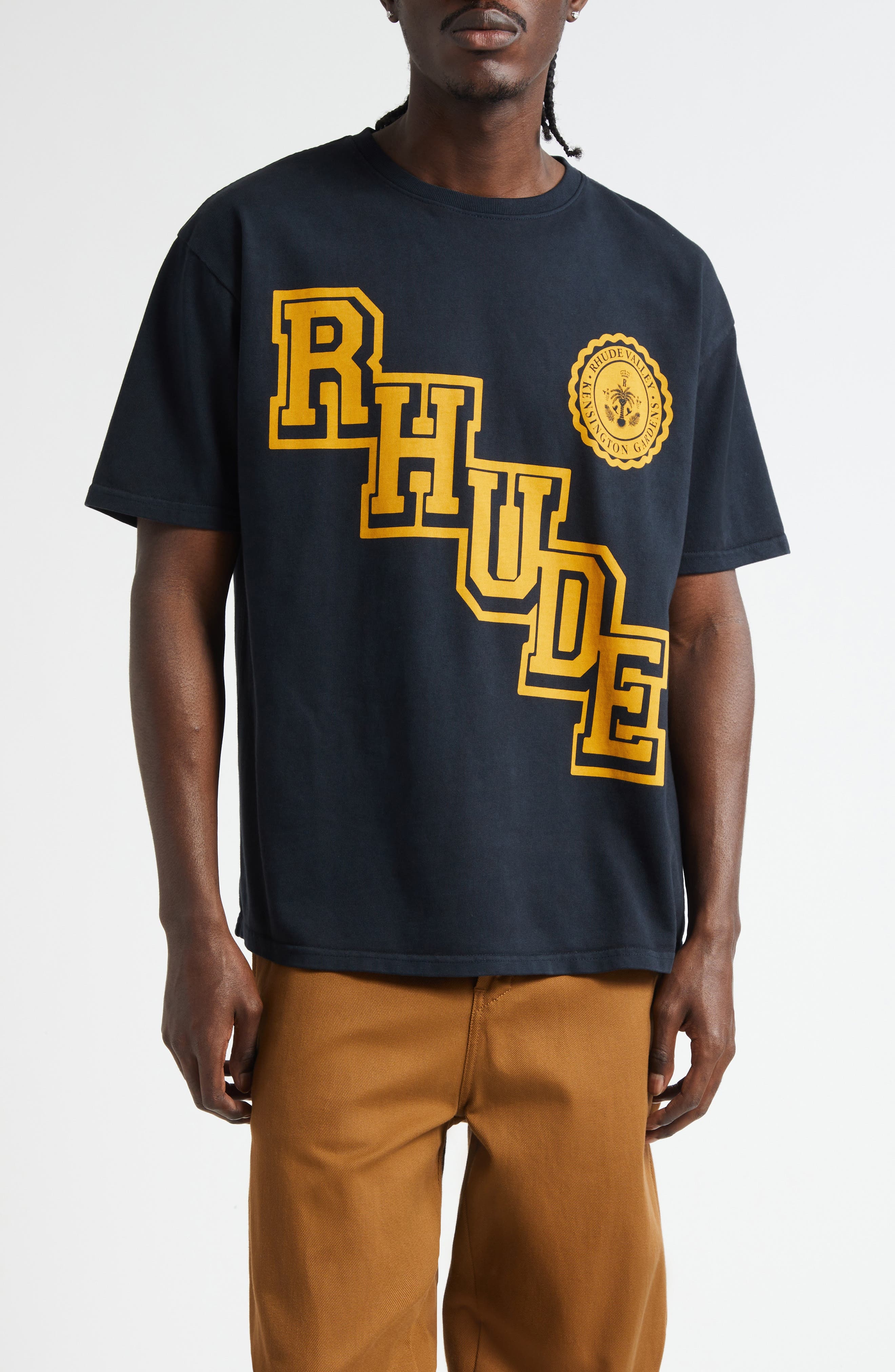 Rhude Collegiate Crest Graphic T-Shirt in Vintage Black /Yellow 0027 at Nordstrom - 1