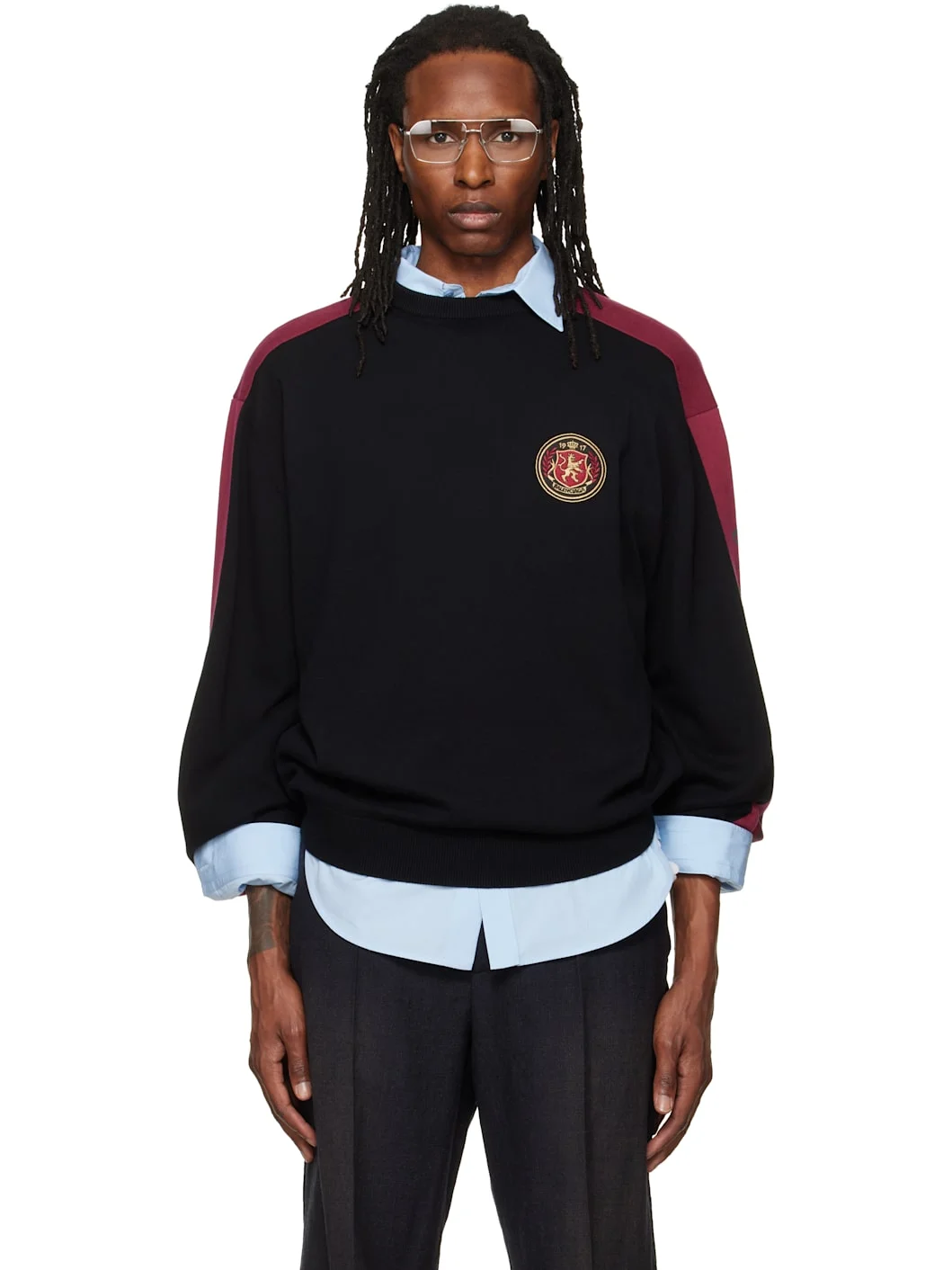 Black Cotton Logo Sleeve Knit Stripe Sweater - 1