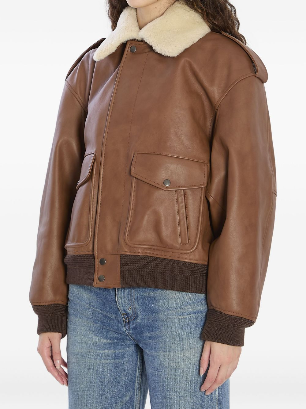 shearling-collar ribbed bomber jacket - 2