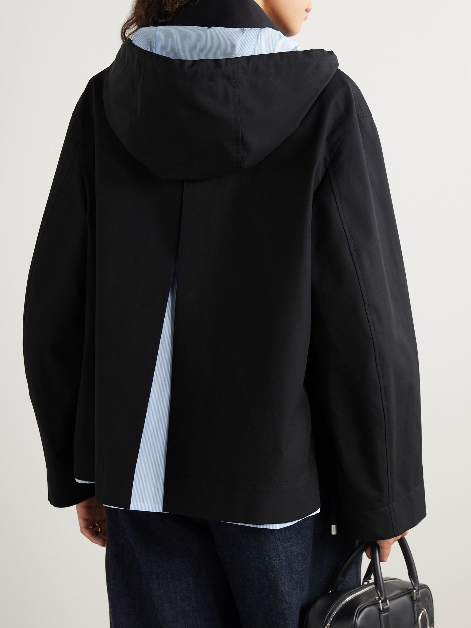 Hooded striped poplin-paneled embroidered cotton-twill jacket Black - 4
