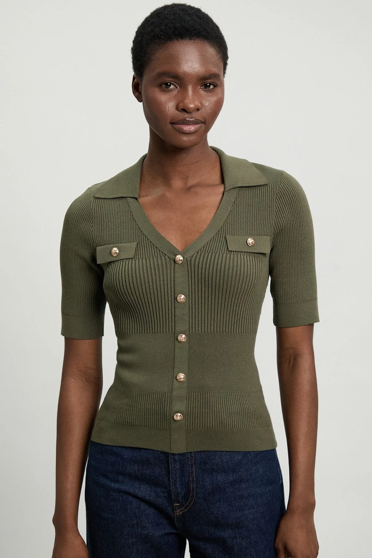 Military Trim Rib Knit Short Sleeve Collared Top - 1