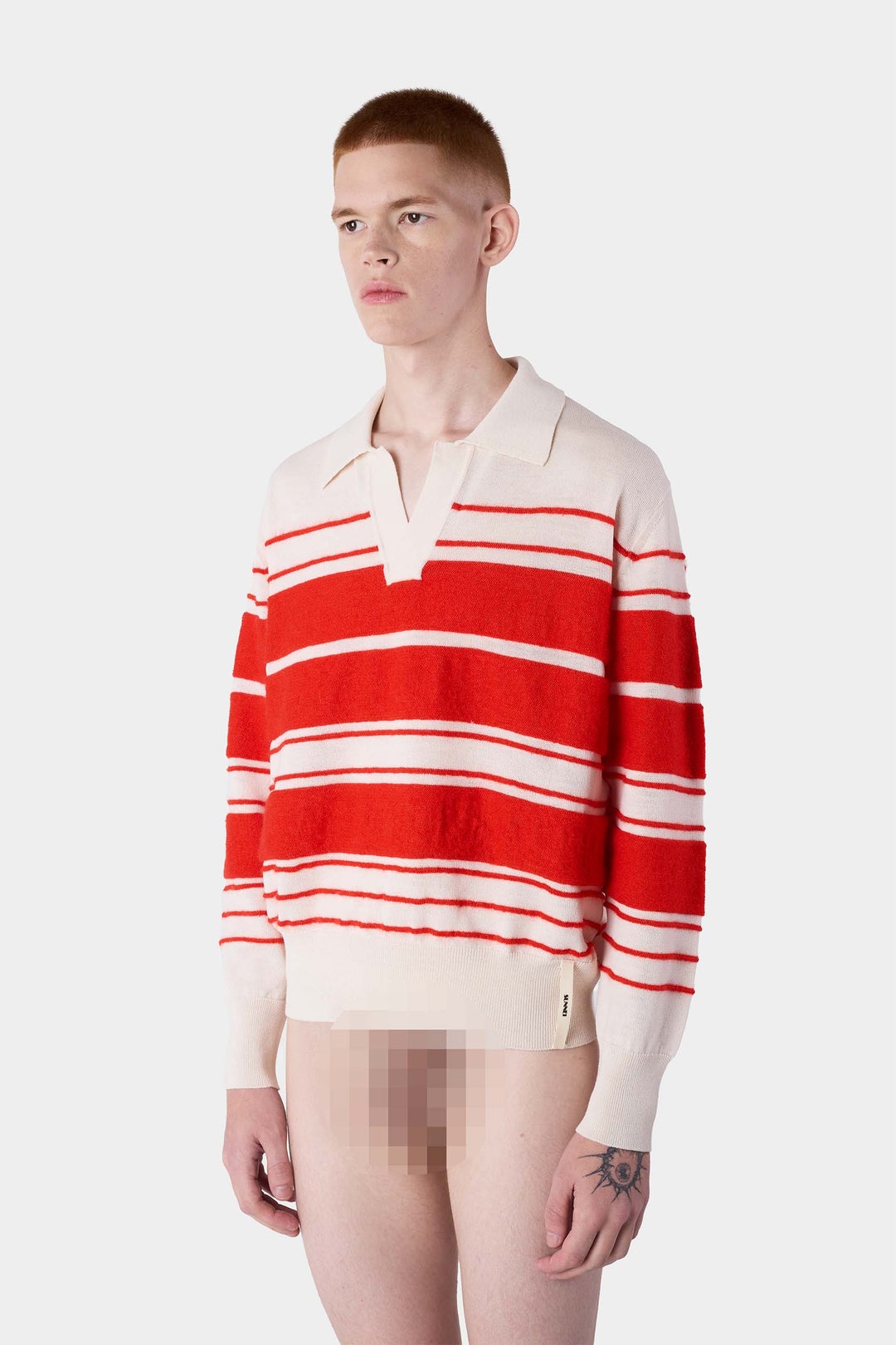 STRIPED KNIT LONSGLEEVE POLO / off white & acid red - 3
