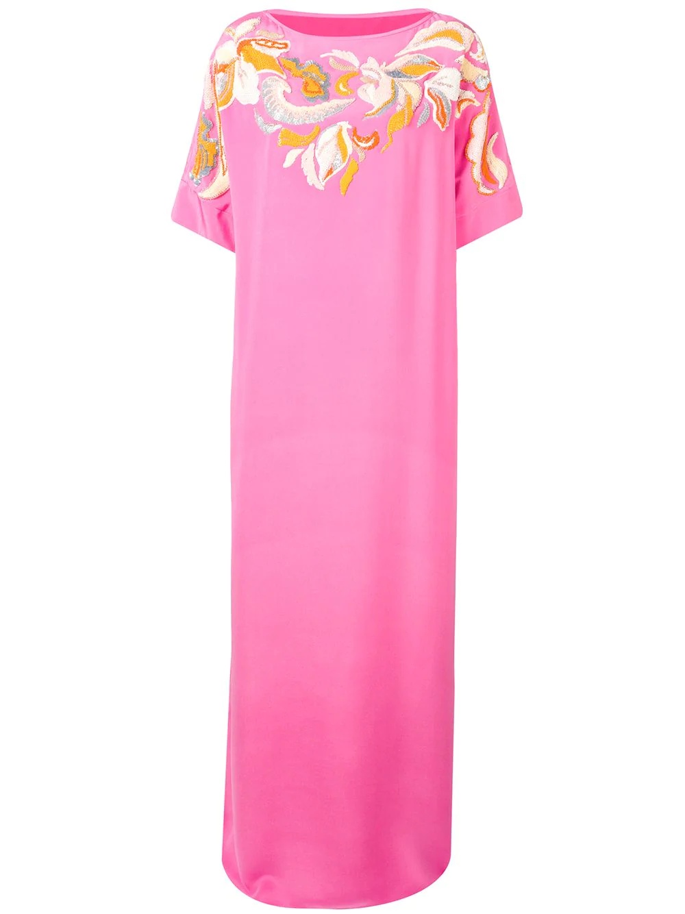 Floral Embroidered Silk Kaftan Dress - 1