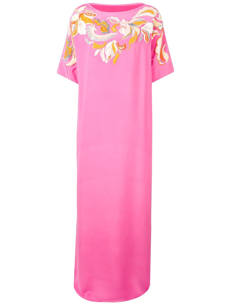 Floral Embroidered Silk Kaftan Dress 1