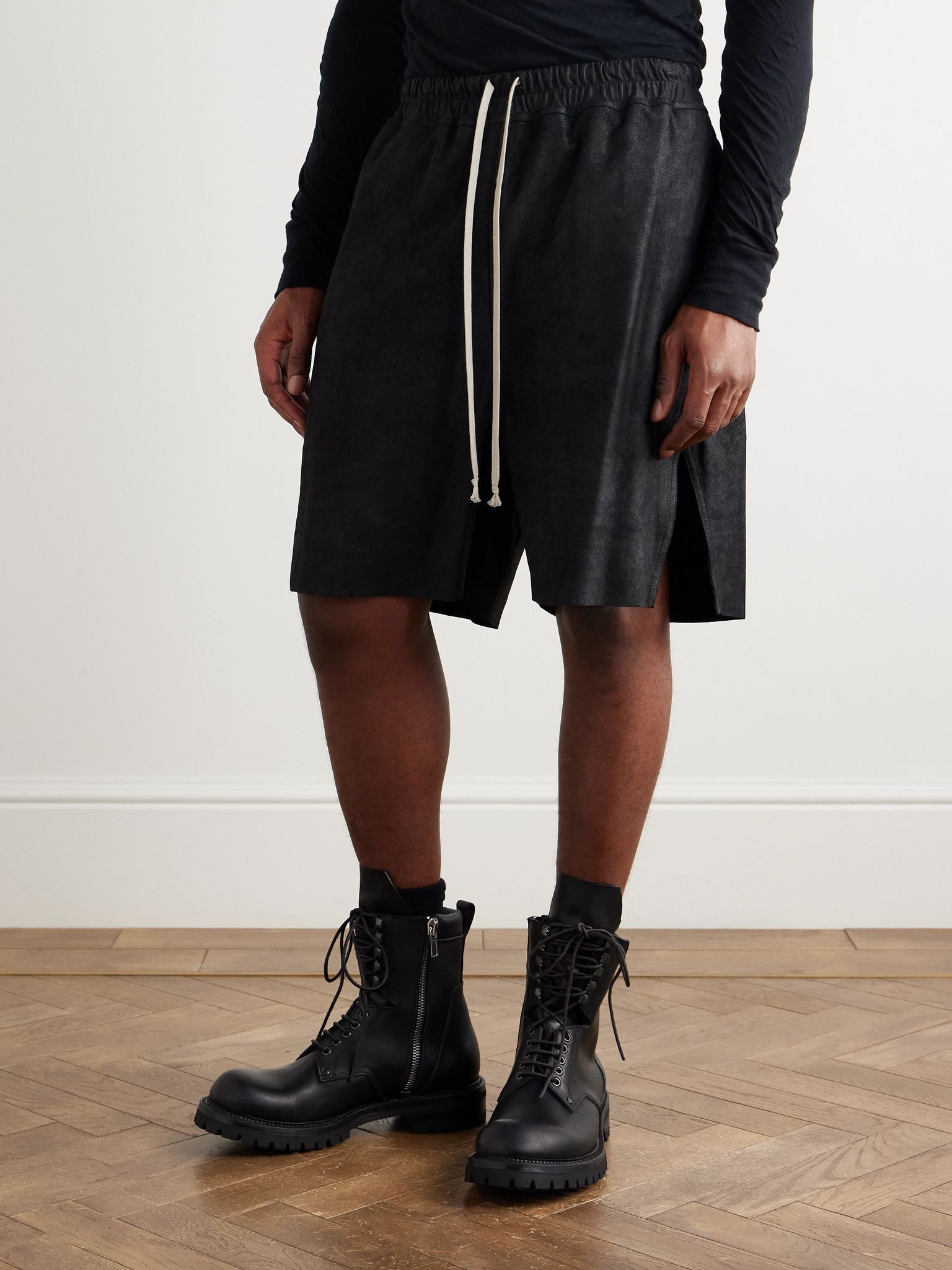 Straight-Leg Leather Drawstring Shorts Black - 3
