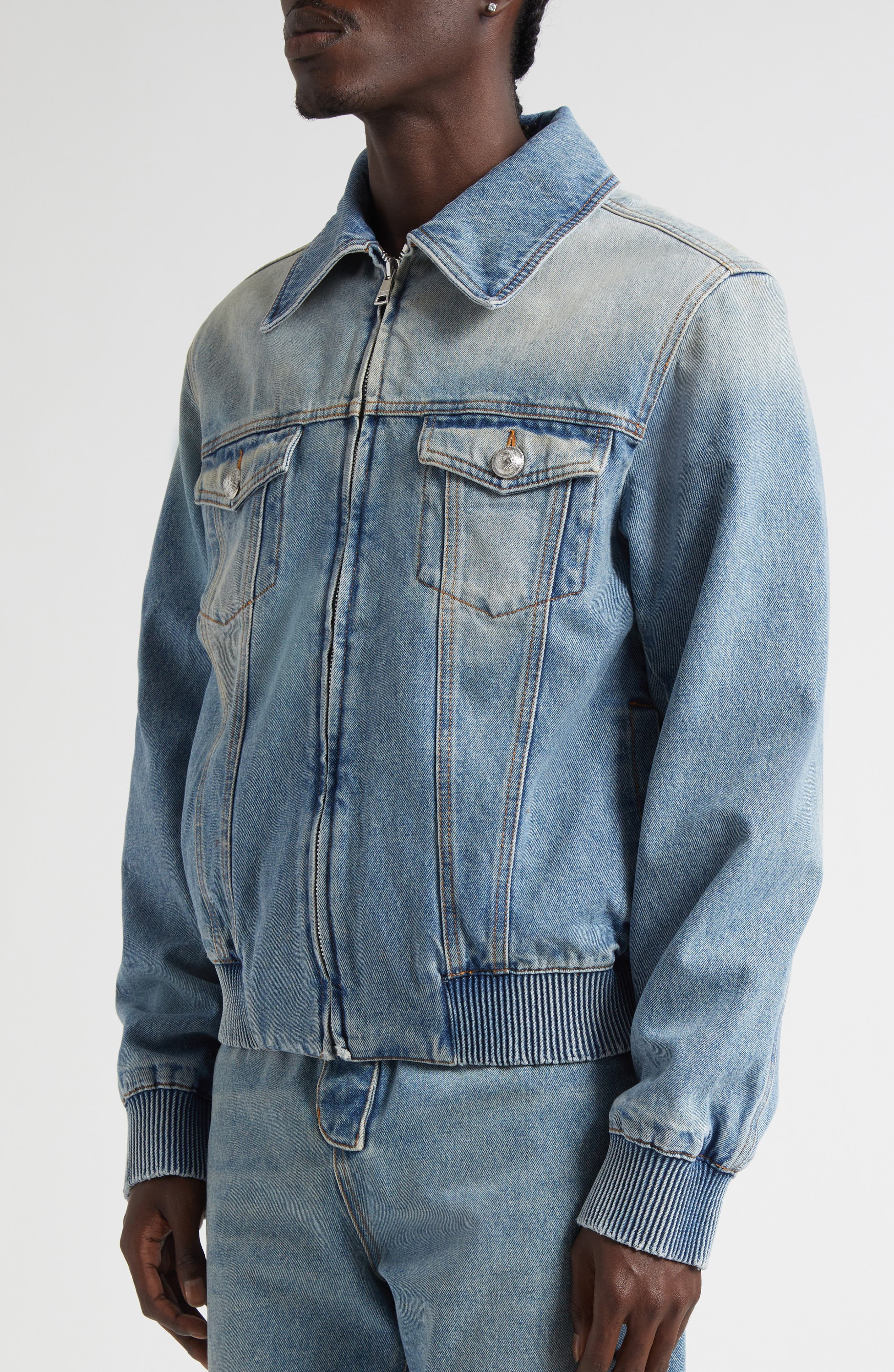 Balmain Monogram Lined Denim Jacket in 6Aw Washed Blue Jean at Nordstrom - 4