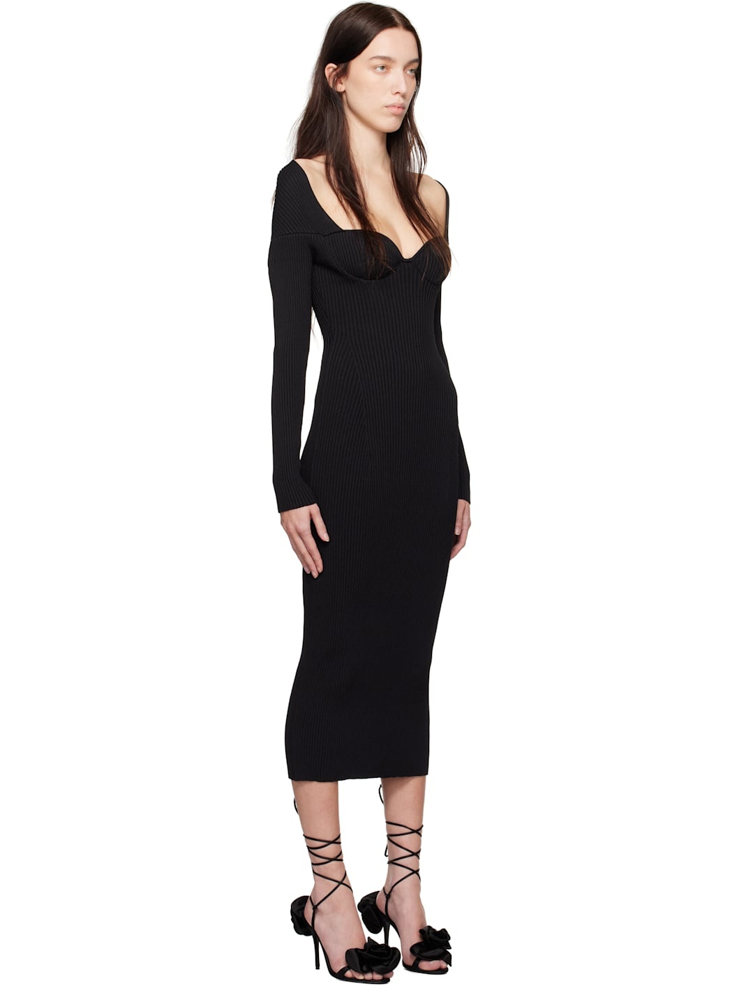 Black Rib-Knit Bustier Maxi Dress - 2