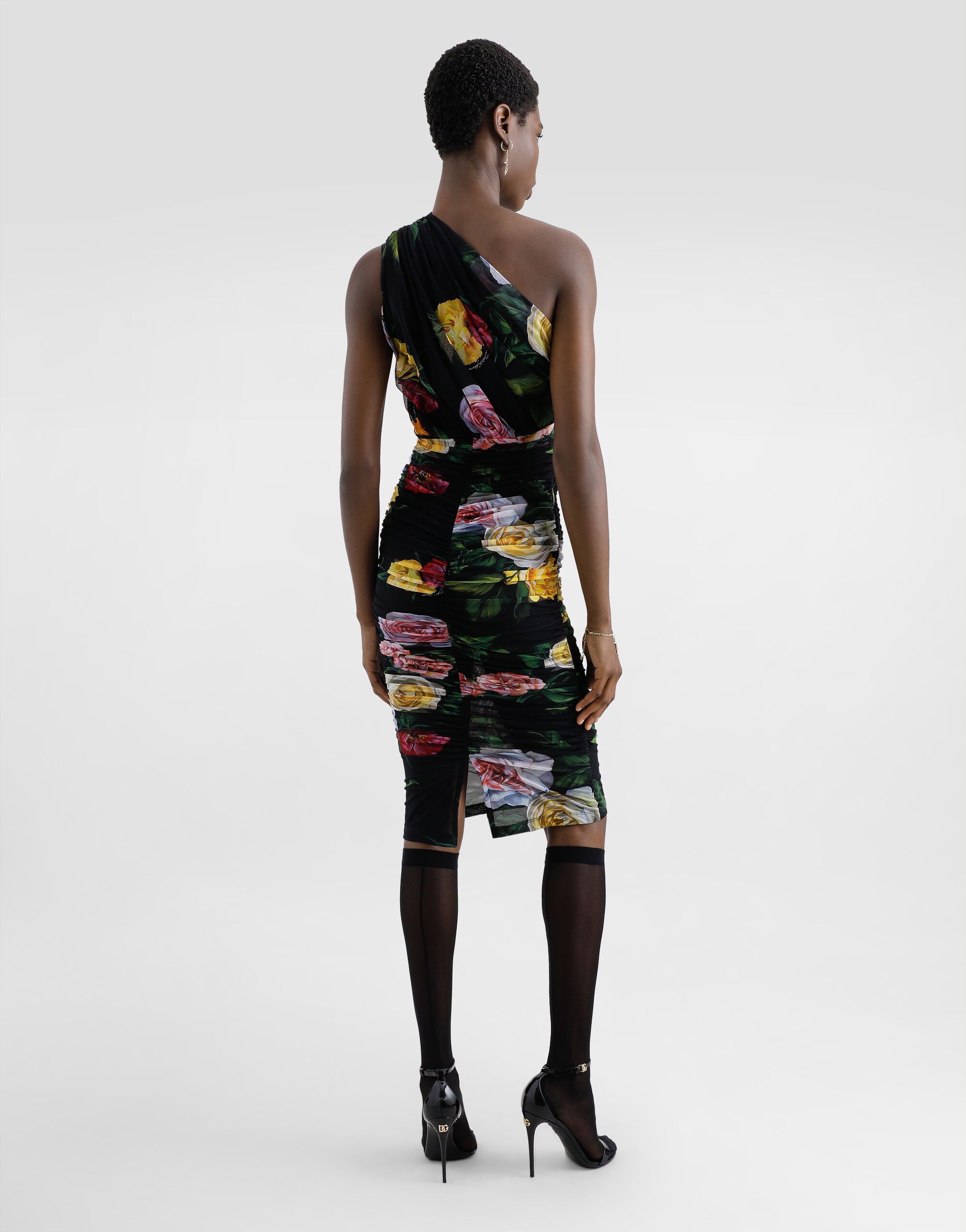 Tulle one-shoulder calf-length dress with peony and rose print - 3