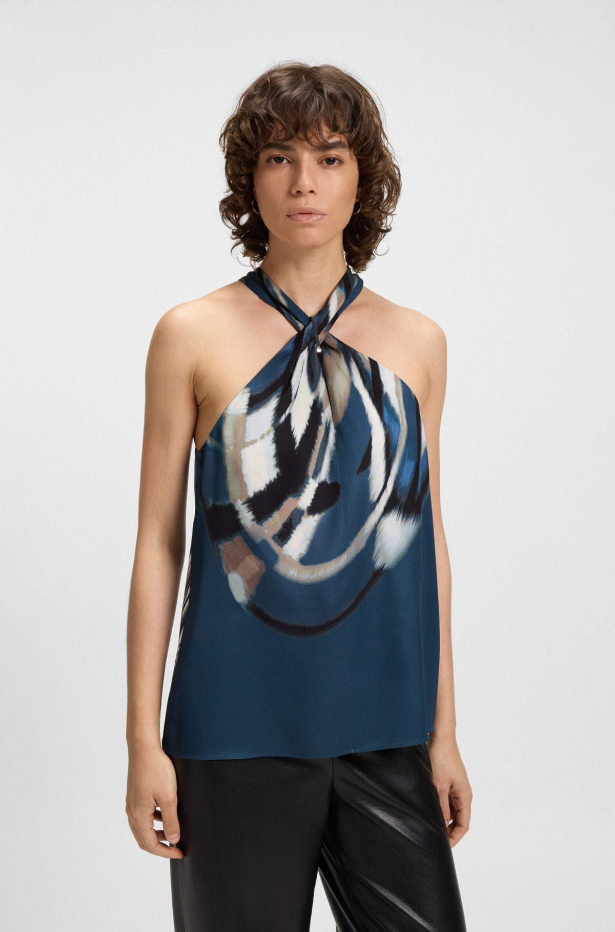 PRINTED-TWILL TOP WITH TIE NECKLINE - 2