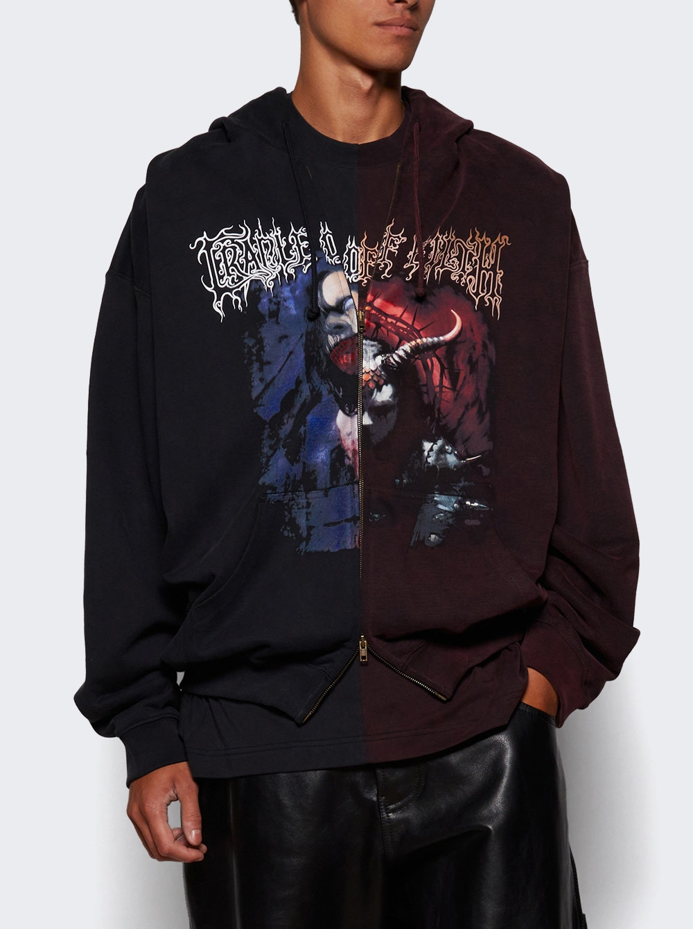 Cut-up Oversized Zip-up Hoodie Black And Red - 2