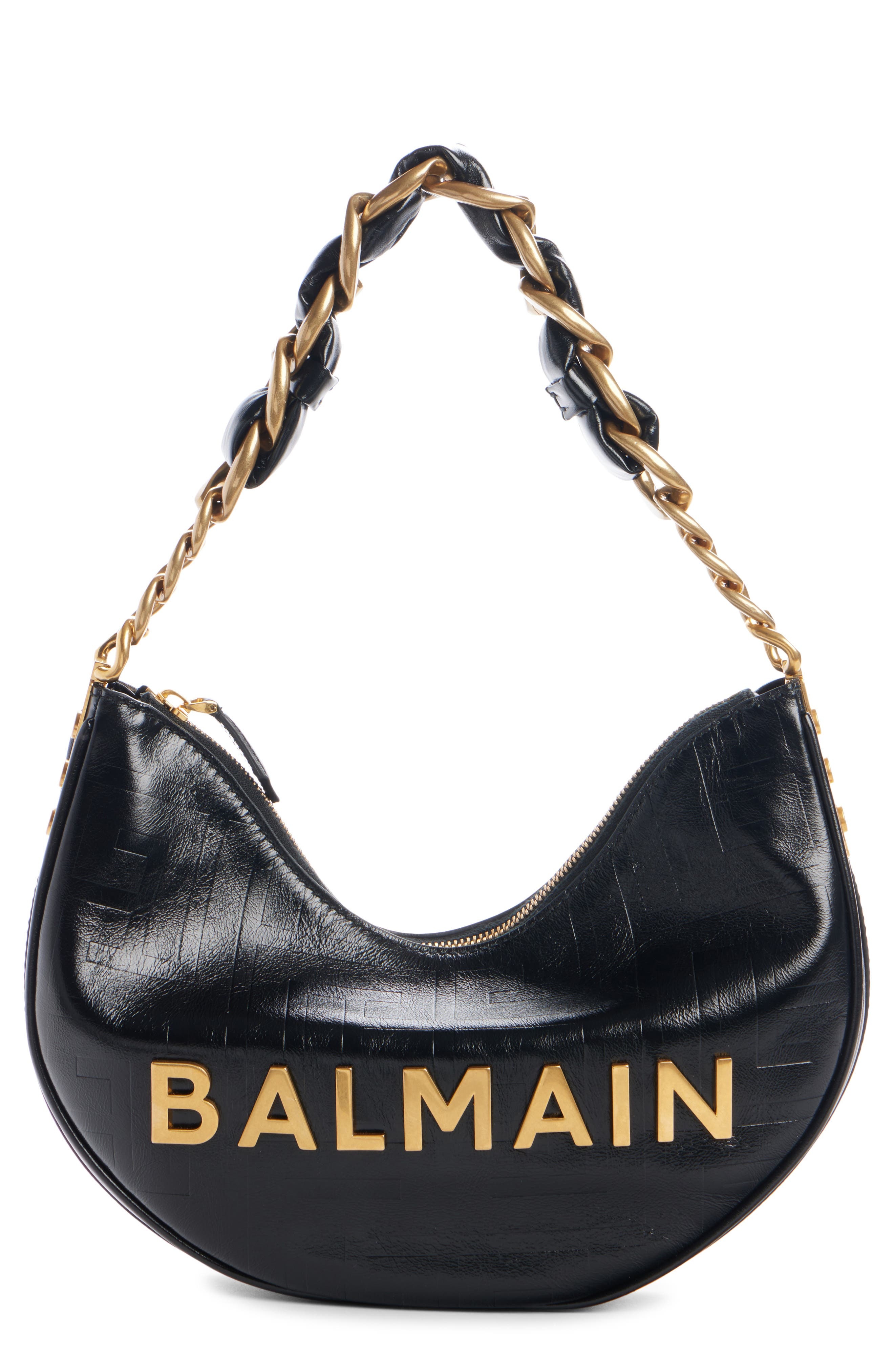 Balmain 1945 Soft Moon Logo Embossed Leather Hobo Bag in 0Pa Black at Nordstrom - 1