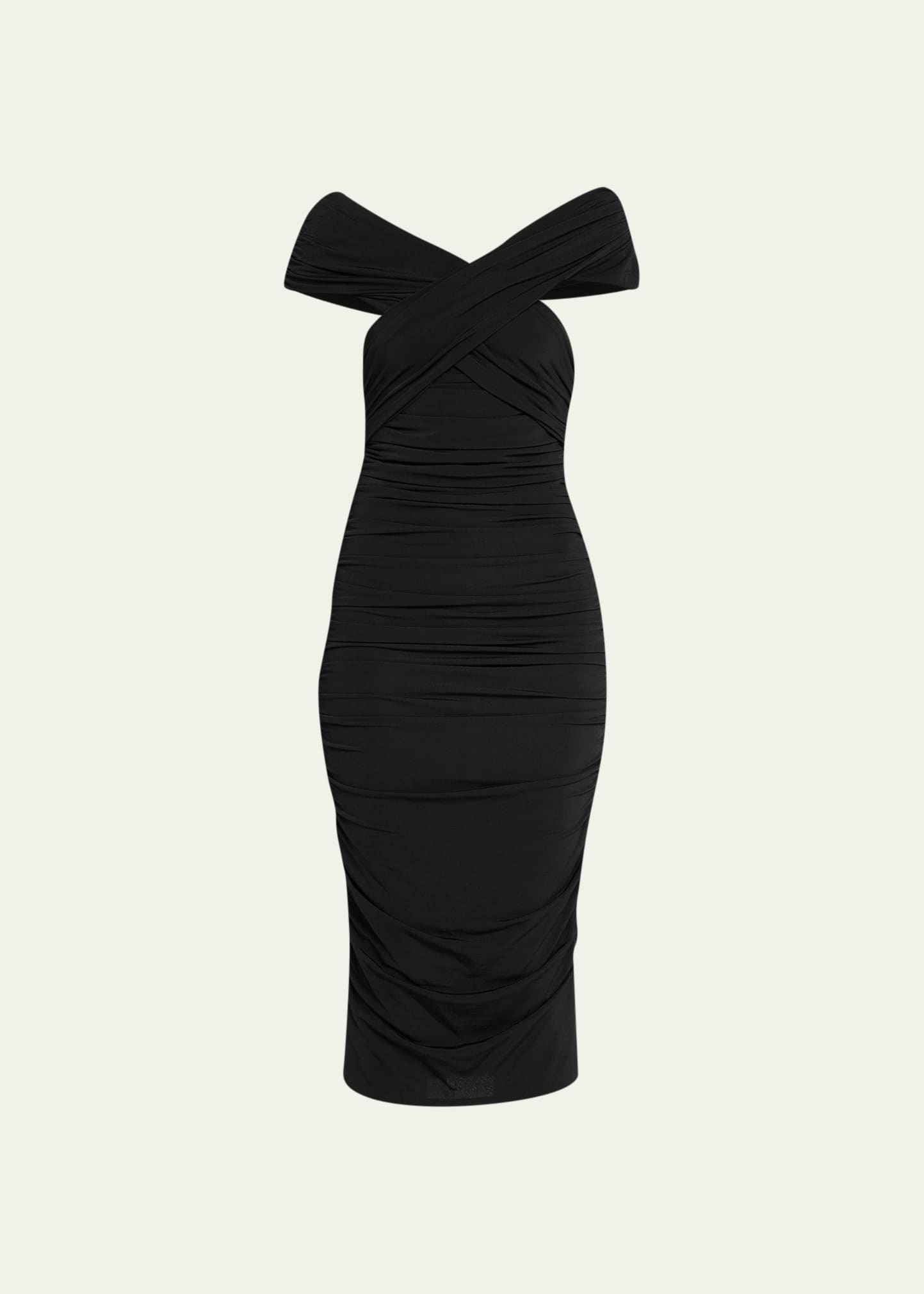 Off-The-Shoulder Ruched Jersey Midi Dress - 1