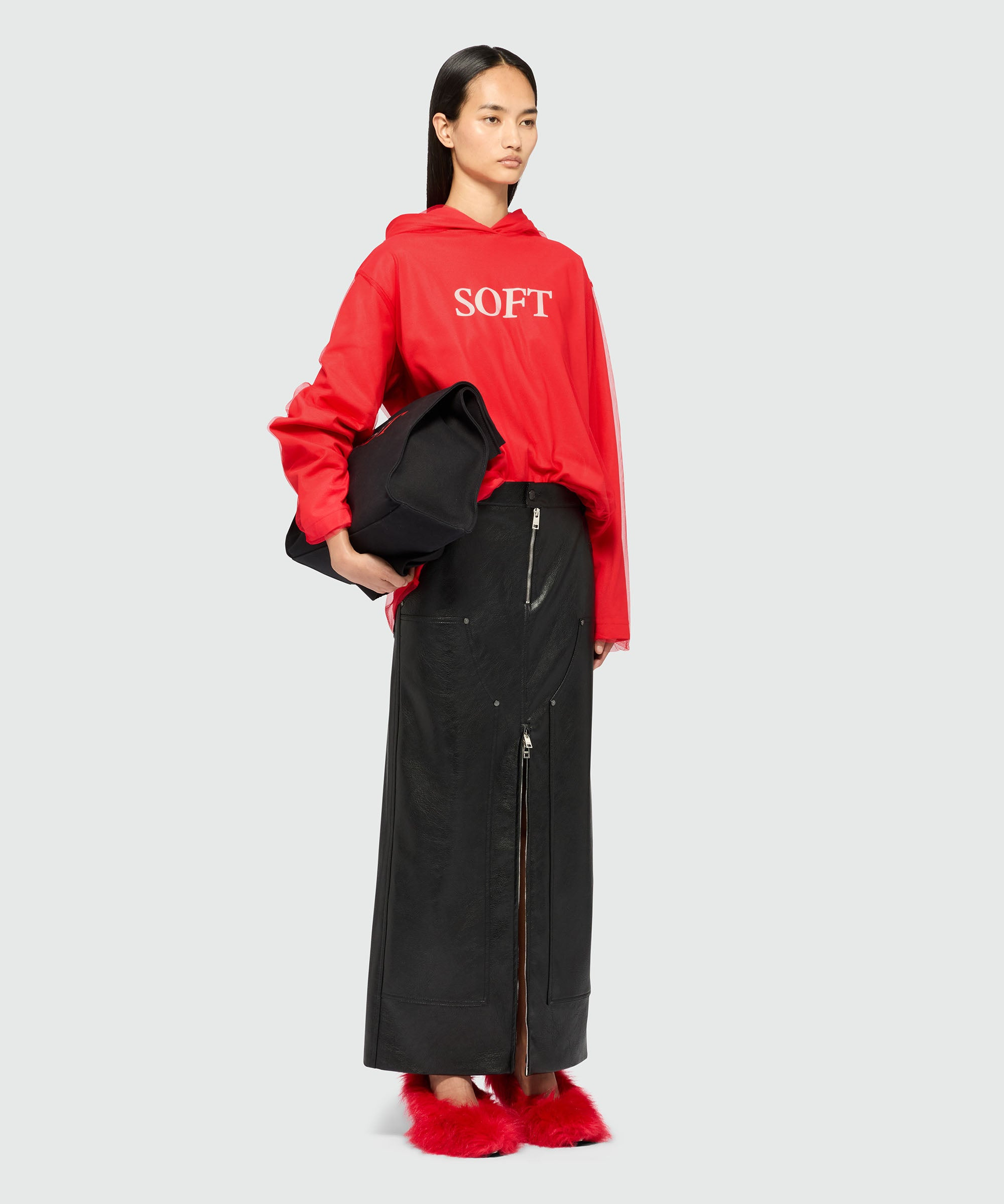 Red hooded sweatshirt in tulle and cotton with "SOFT" print - 5