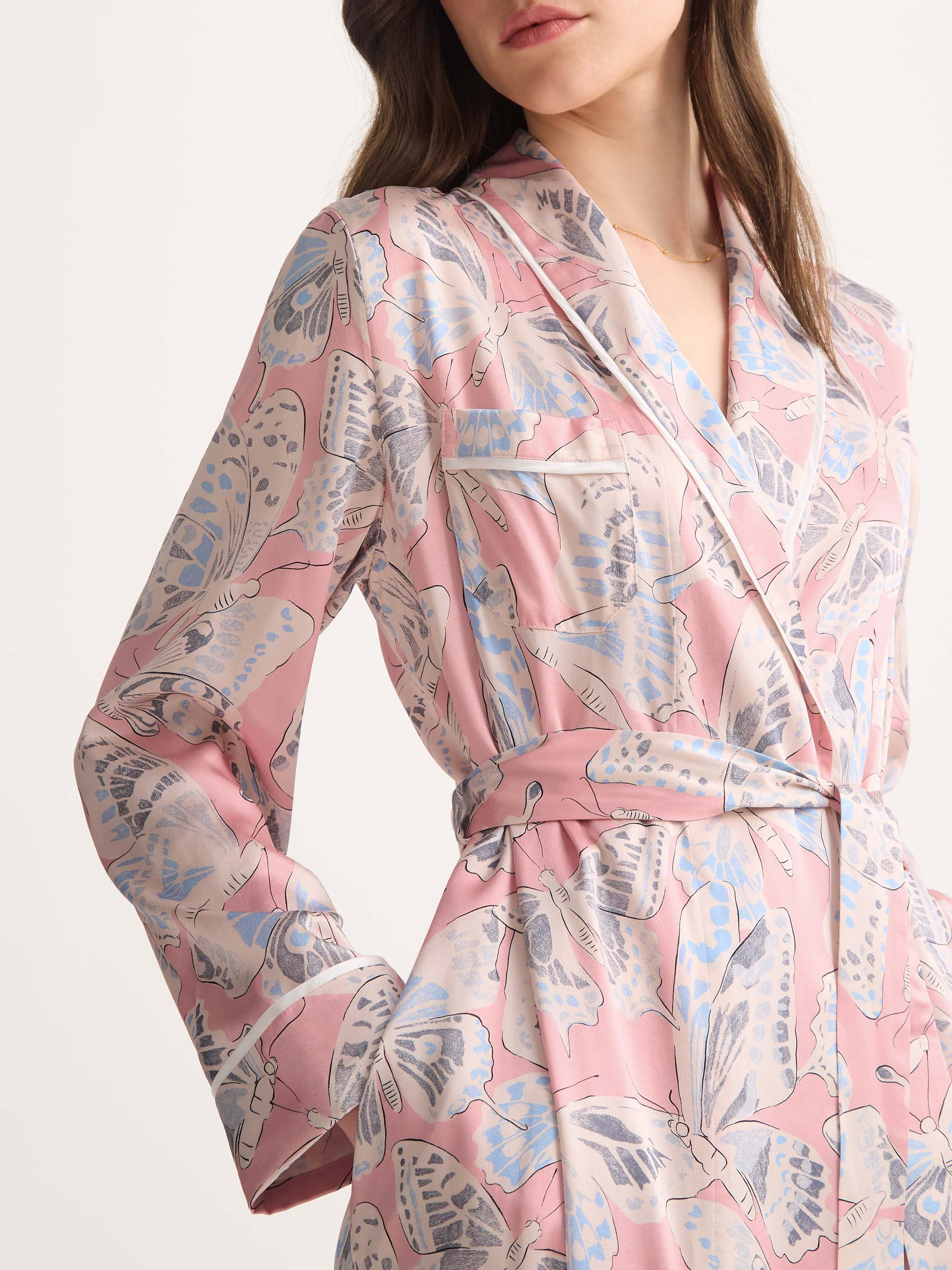 Women's Long Robe Silk Pink Multicolor Butterfly - 5