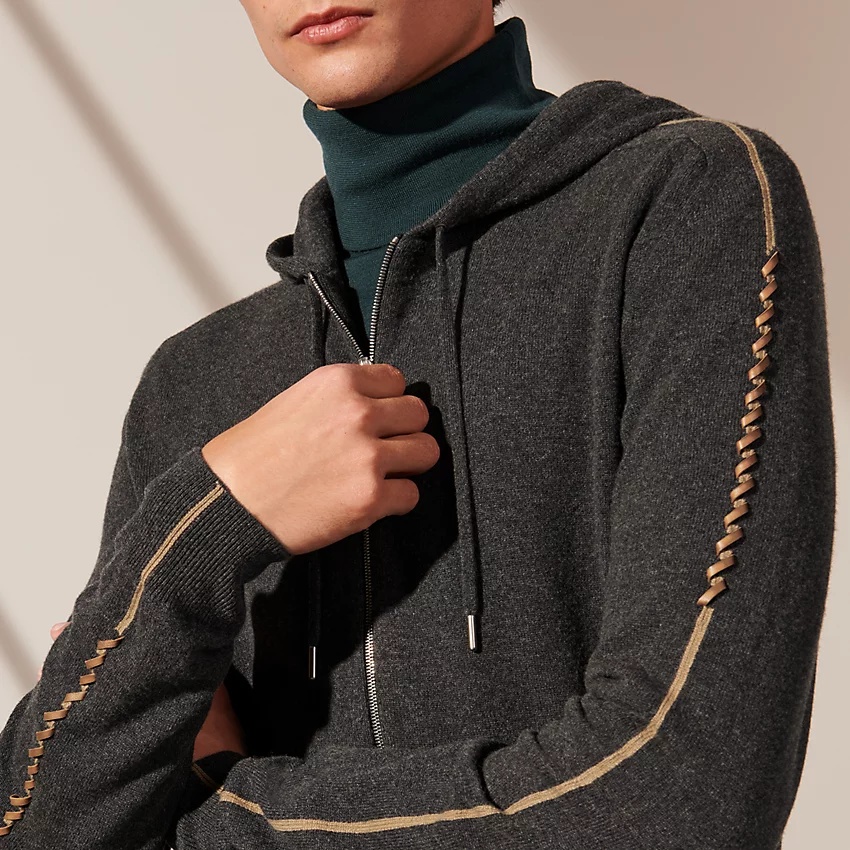 Zipped hooded sweater with leather braid detail - 3