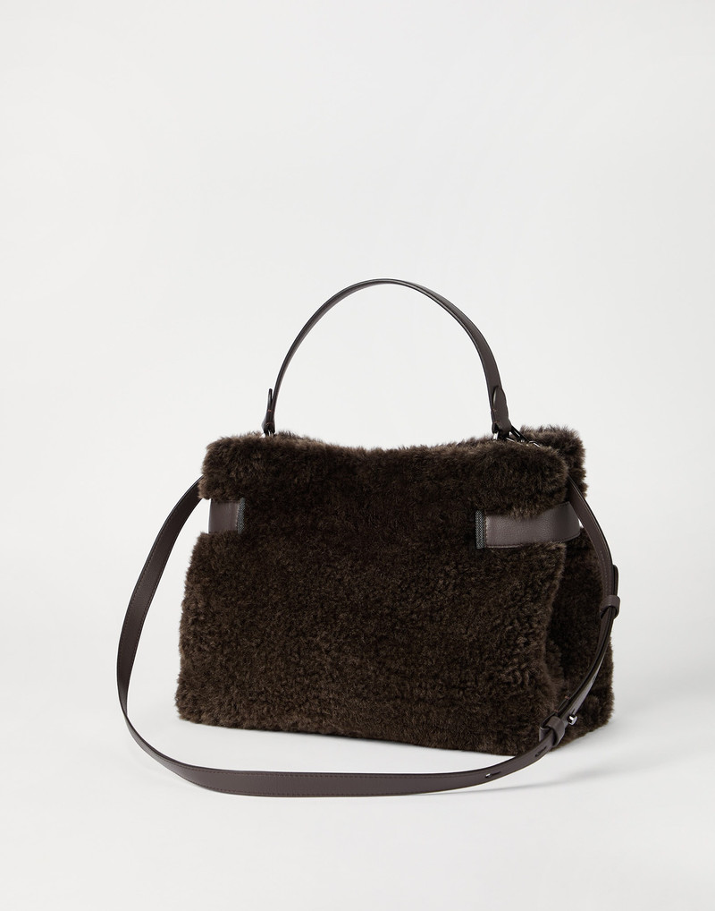 Brunello Cucinelli Essence top-handle bag in merino shearling with shiny bands outlook