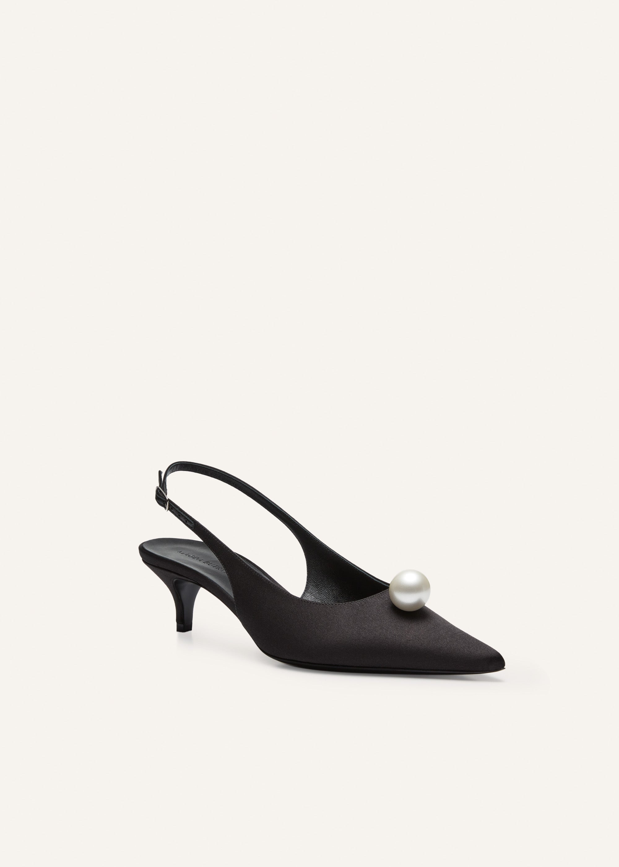 Slingback pearl kitten heels in black satin - 2