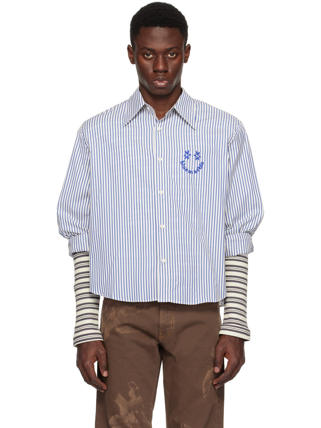 White & Blue Smiley Stripe Shirt - 1