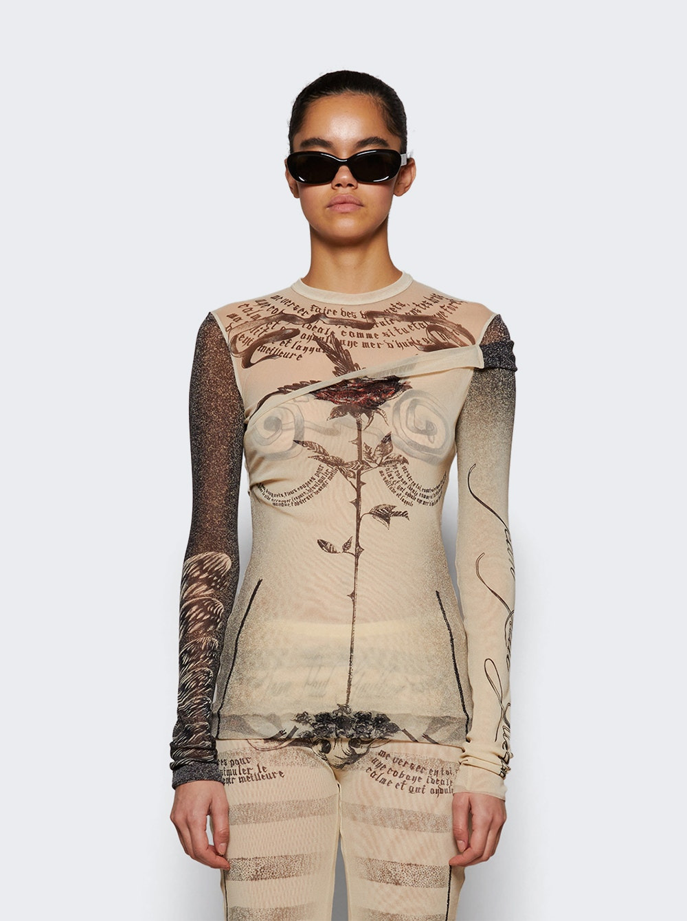 Double Layer Mesh Tattoo Rose And Bird Top Ecru - 2