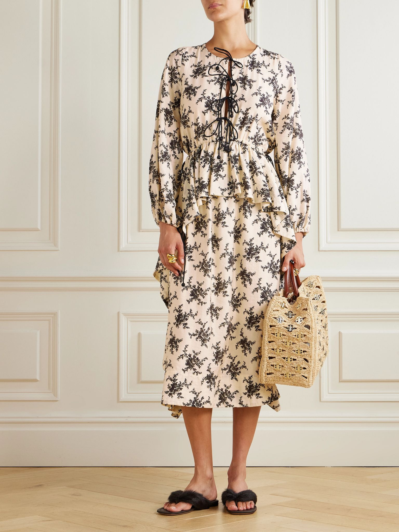 Joan tie-detailed ruffled floral-print voile midi dress Cream - 2