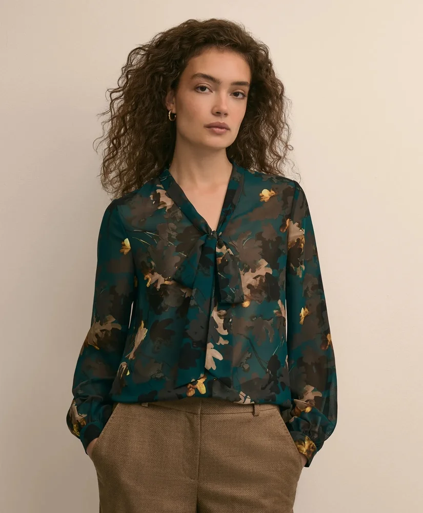 Leaf Motif Tie-Neck Blouse - 1