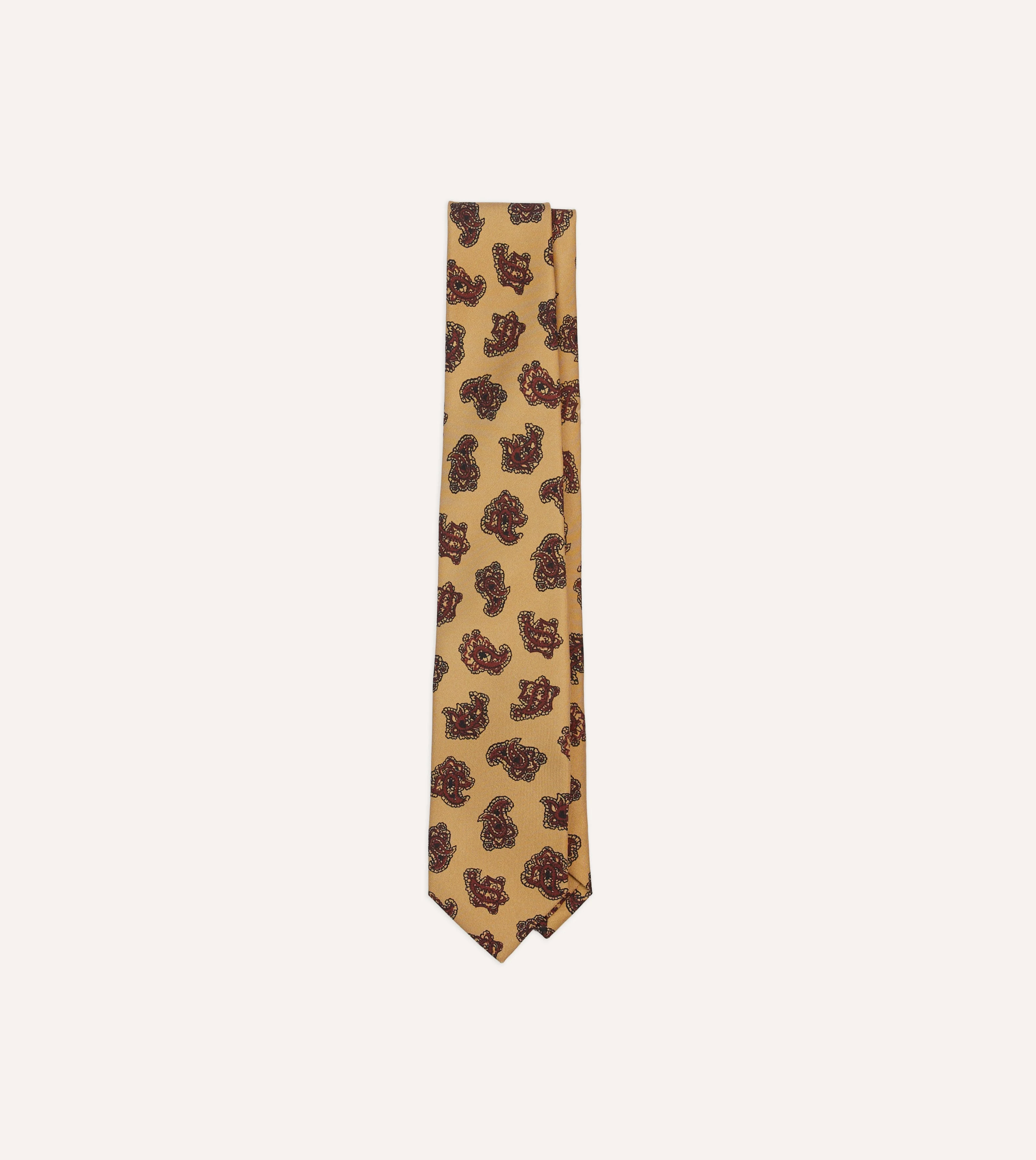 Gold and Red Paisley Motif Print Silk Self Tipped Tie - 1