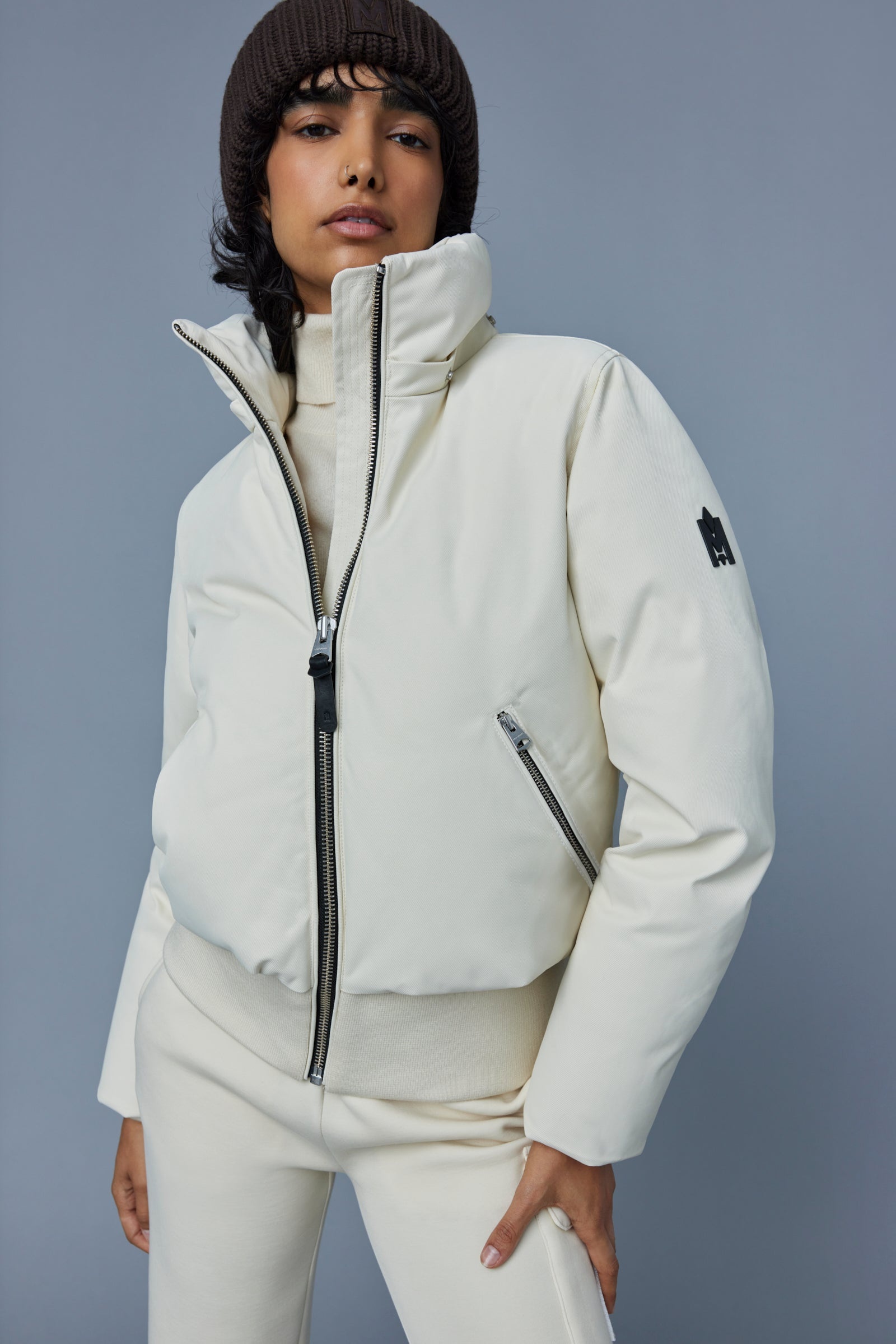 CORY Twill down bomber with removable hood and sheepskin trim for ladies - 5
