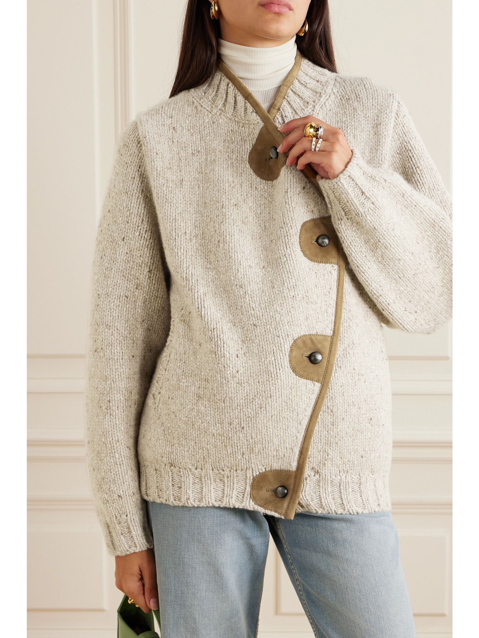 Newcastle asymmetric suede-trimmed wool and cashmere-blend cardigan Beige - 3