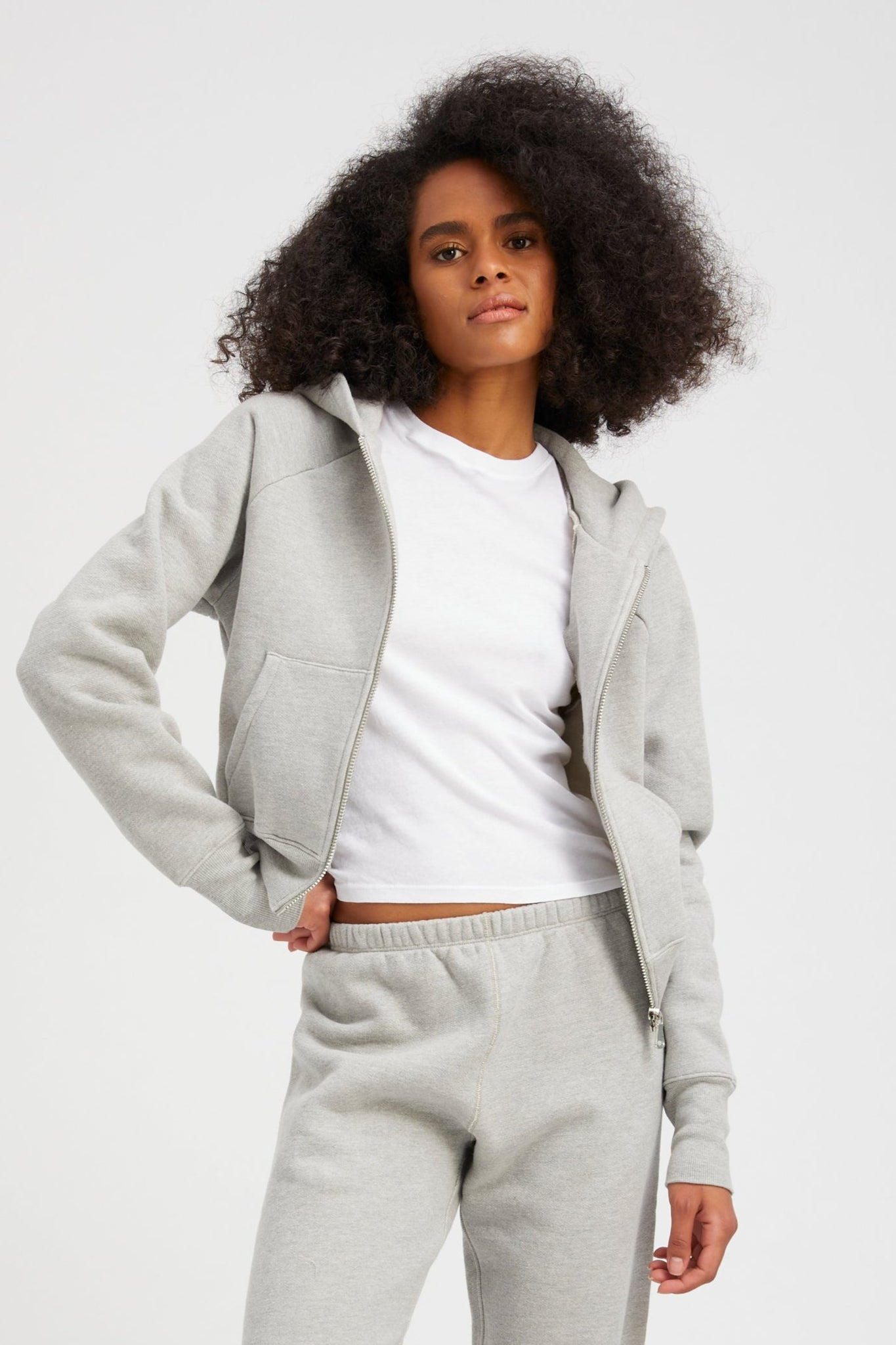 HEATHER GREY COTTON SHRUNKEN ZIP UP HOODIE - 5