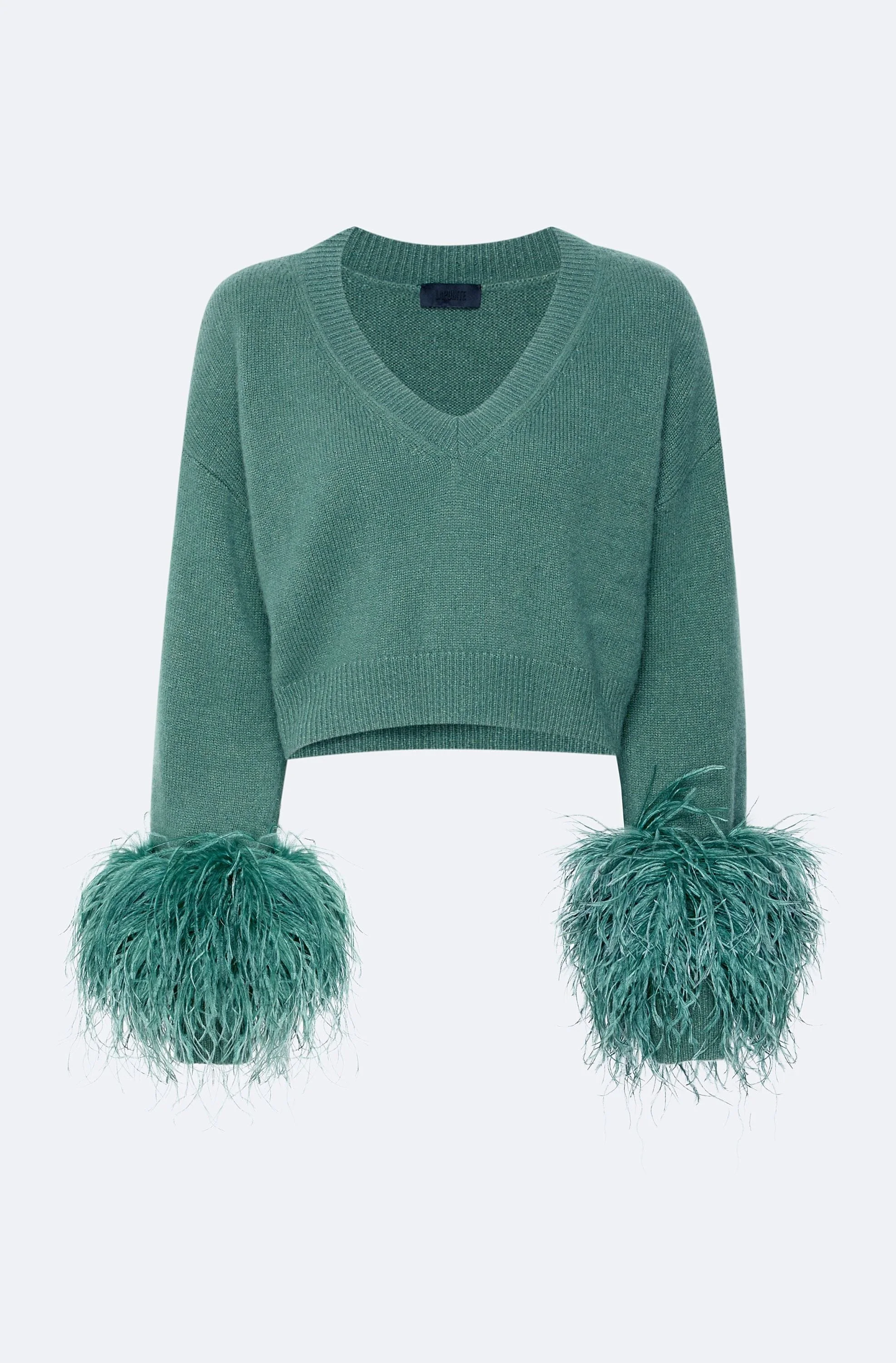 Cashmere Cropped V Neck Sweater With Feathers - 1
