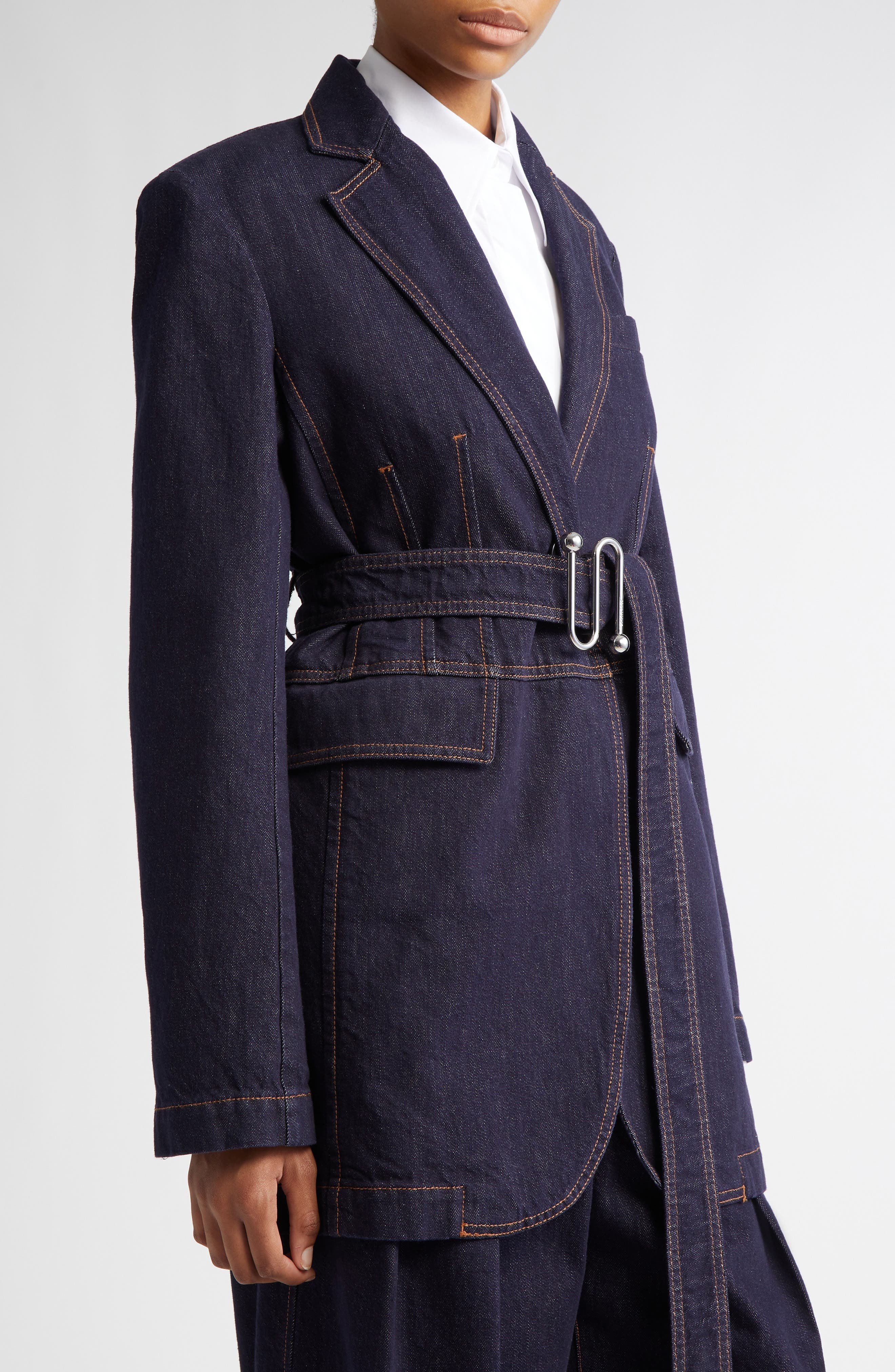 SPORTMAX Domino Monogram Buckle Belted Denim Jacket in Navy at Nordstrom - 5