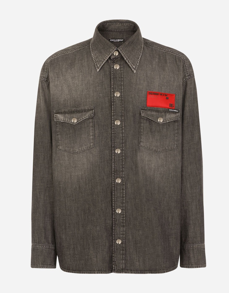 Gray wash denim shirt with patch embellishment - 3