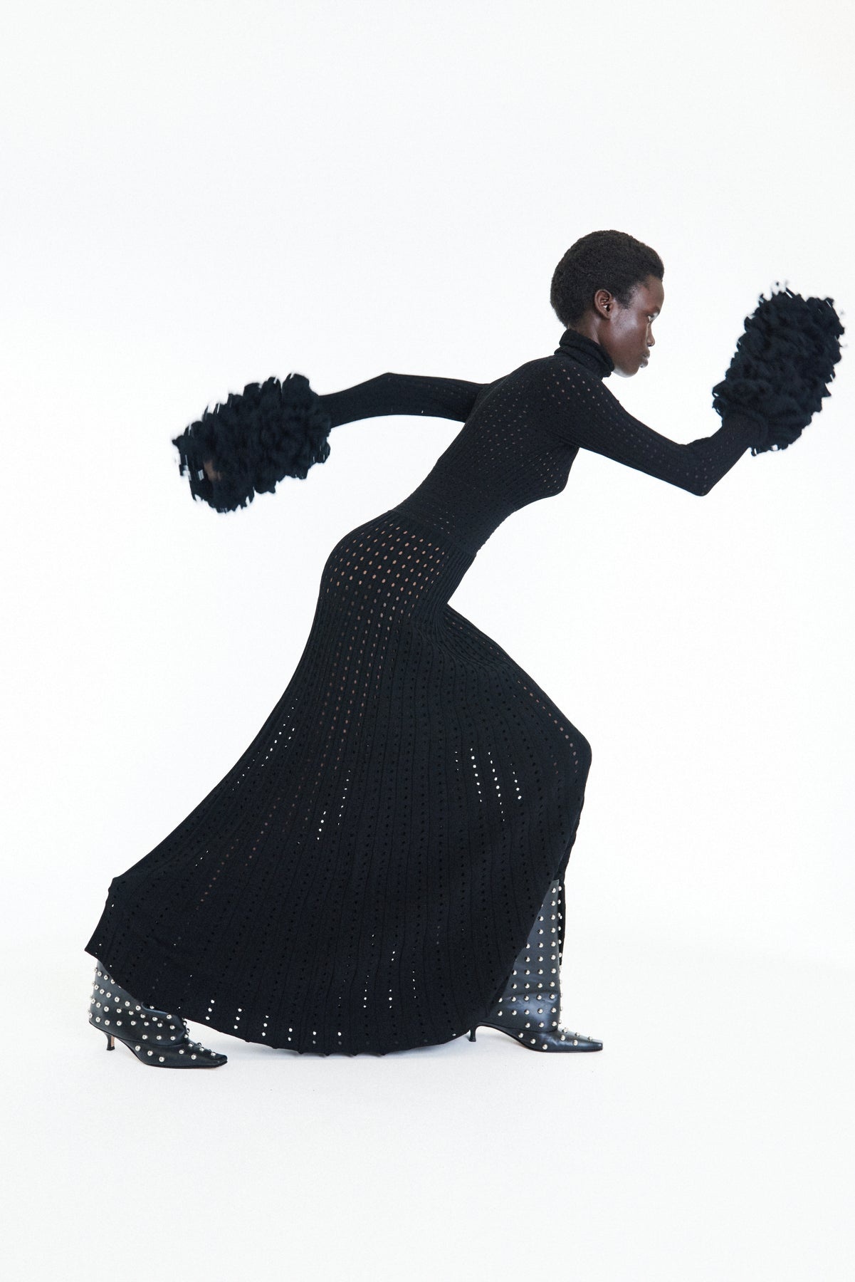PERFORATED KNIT MAXI DRESS WITH THREADED CUFFS BLACK - 8