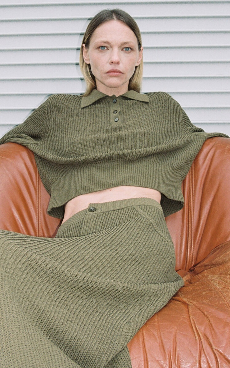 AYA MUSE Catsu Ribbed Cotton-Blend Midi Skirt olive outlook