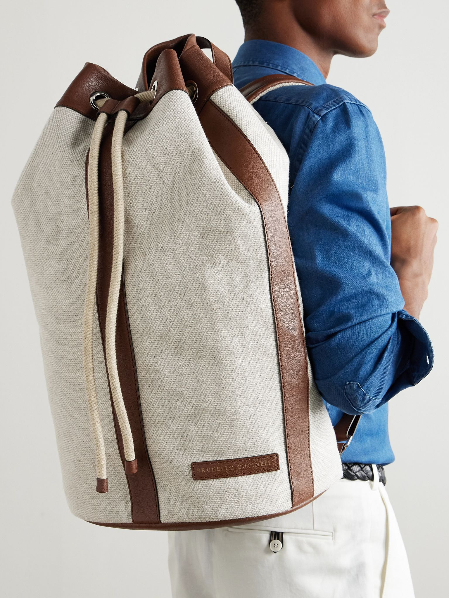 Leather-Trimmed Cotton and Linen-Blend Canvas Backpack Beige - 2