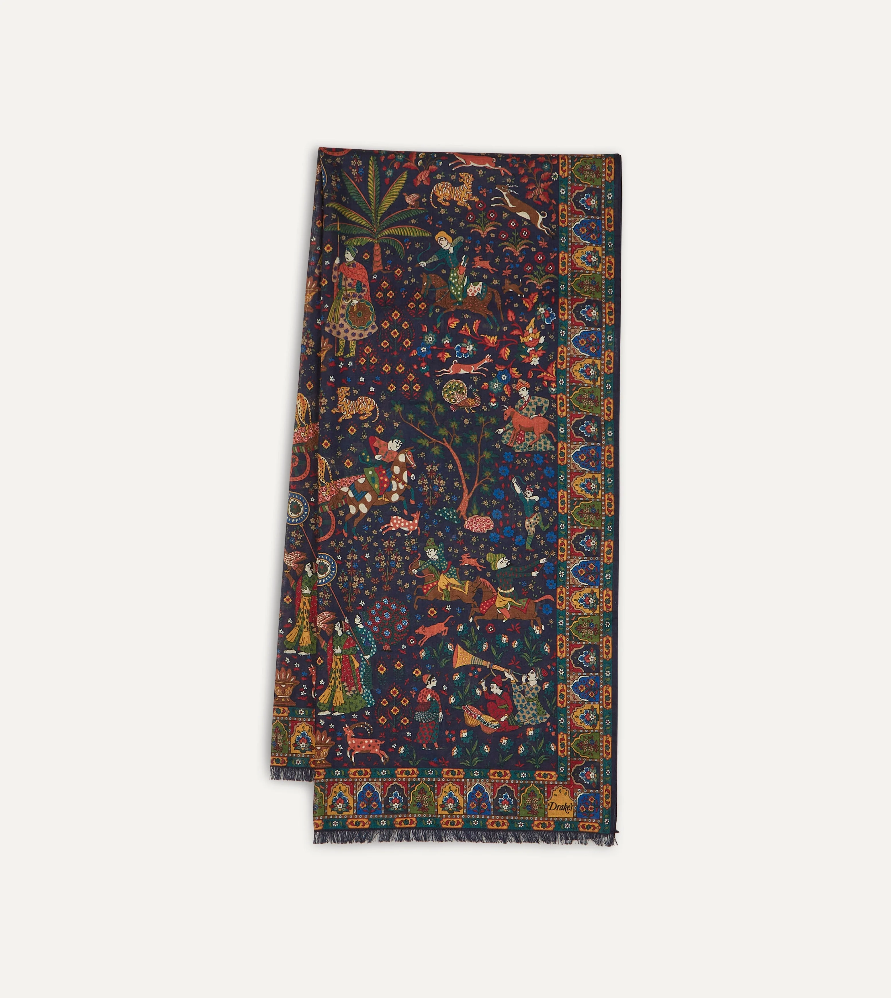 Navy Mughal Hunter Print Wool-Silk Scarf - 1