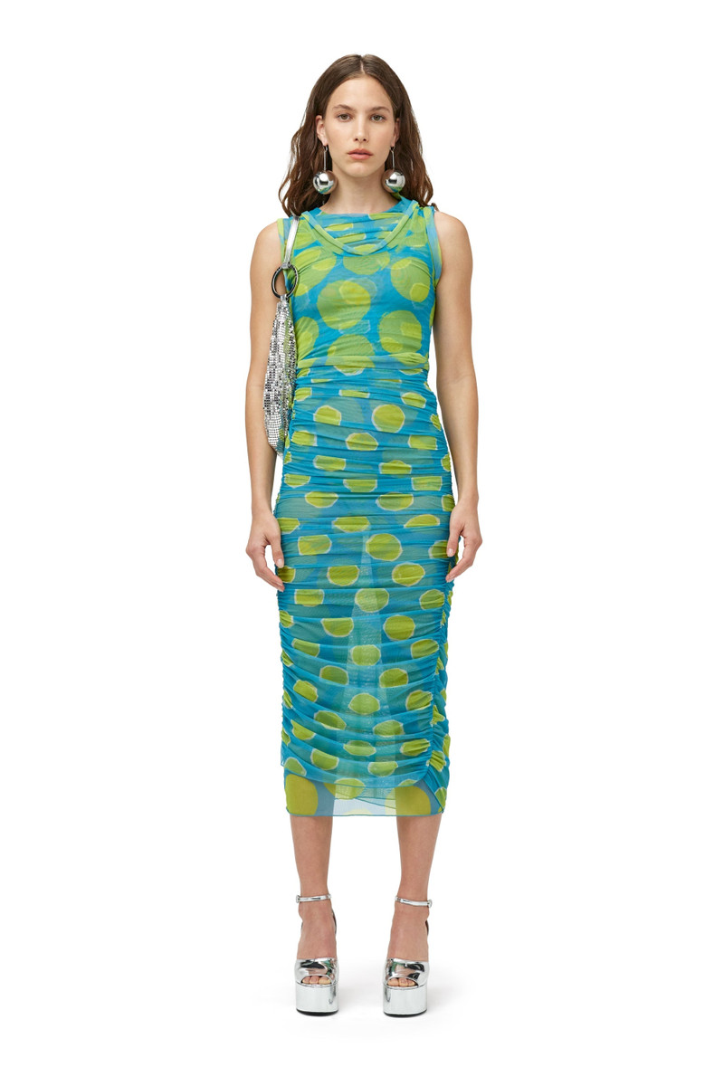Mesh Cielo Dress In Suburban Blue Valley Green Dot Print 1