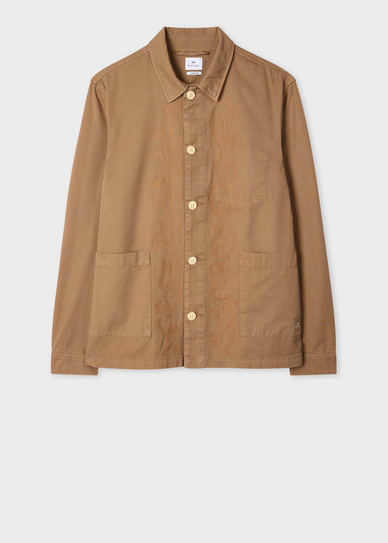 Tan Embroidered-Floral Cotton Work Jacket 1