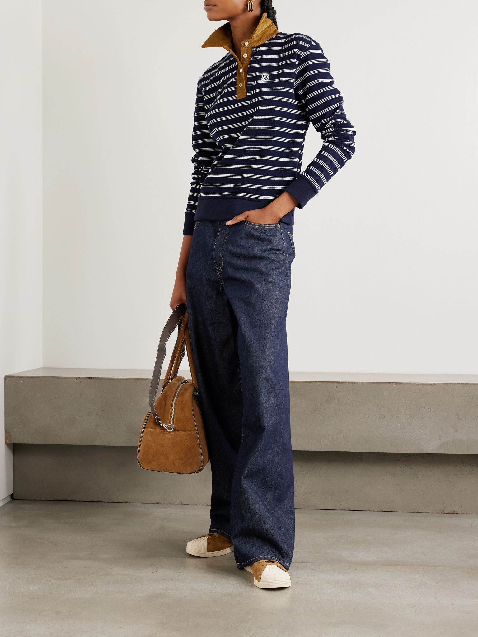 Reflect corduroy-trimmed striped cotton-blend polo shirt Navy - 2