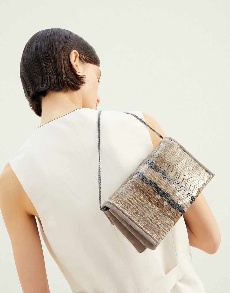 Dazzling Stripe Embroidery city bag in jute and cotton with monili 4