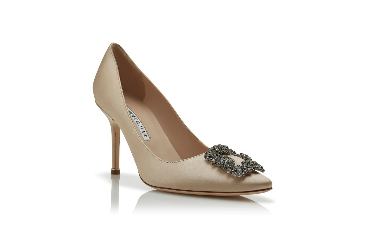 Light Beige Satin Jewel Buckle Pumps - 3