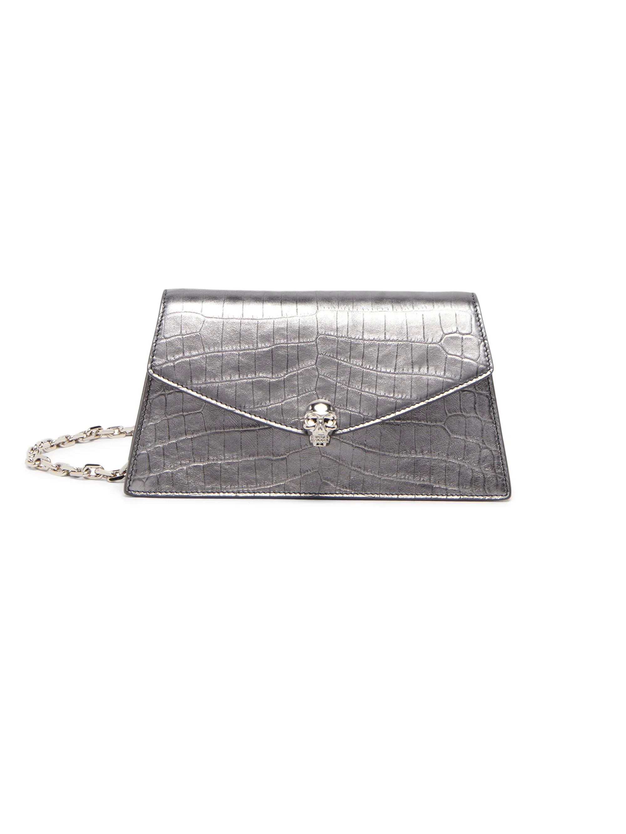 Women's Skull Mini Crocodile-Embossed Metallic Leather Shoulder Bag - Cloud - 1