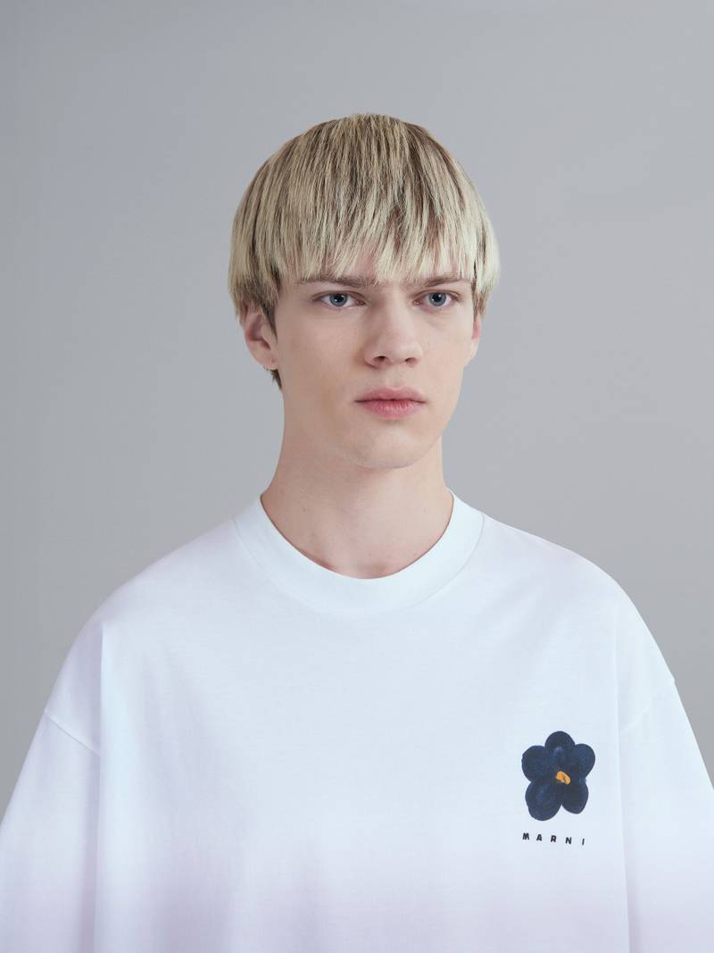 BLACK DAISY PRINT WHITE JERSEY CREWNECK T-SHIRT 4
