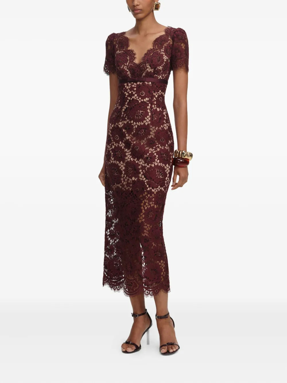 Burgundy Floral Lace Midi Dress - 3